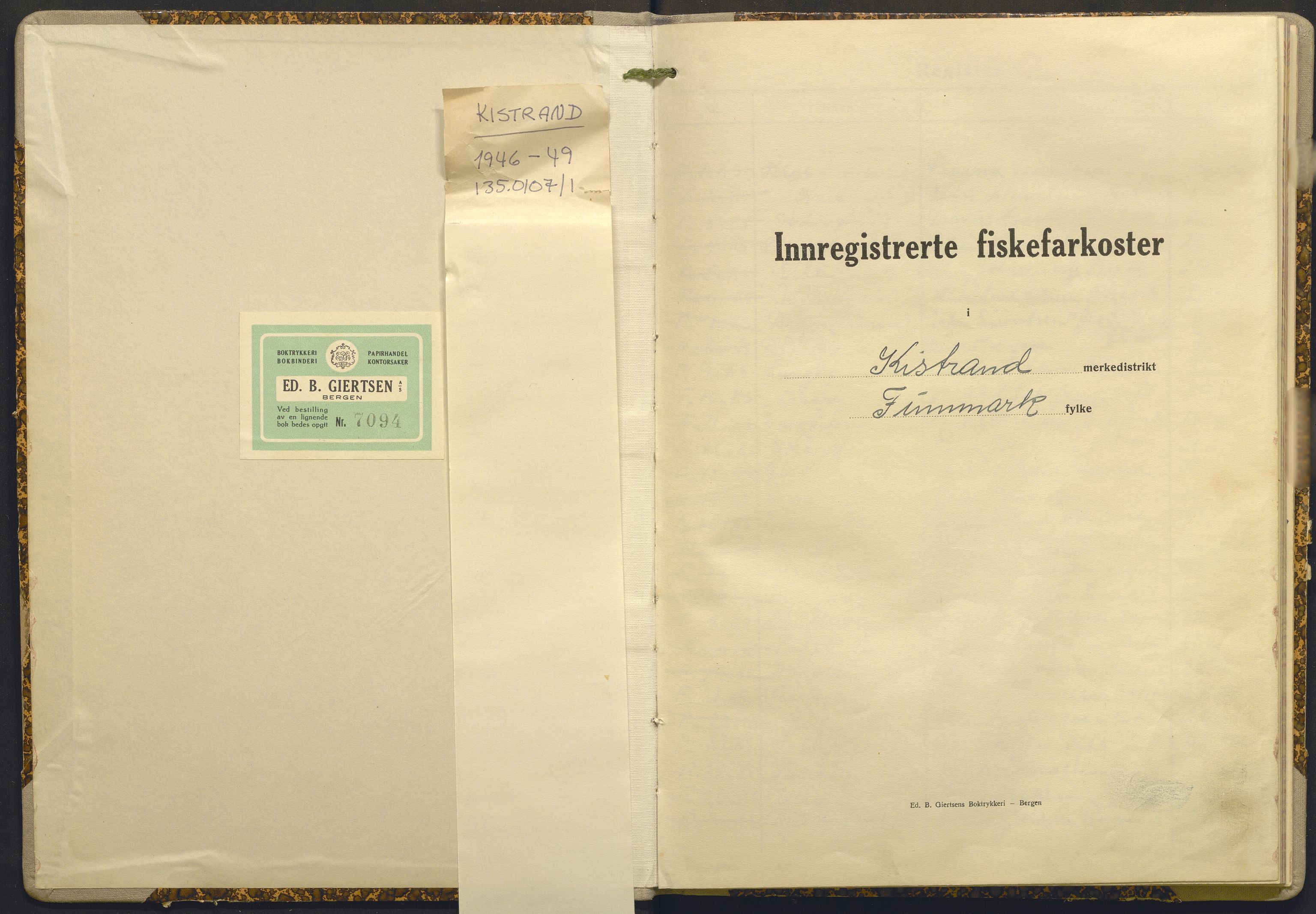 Fiskeridirektoratet - 1 Adm. ledelse - 13 Båtkontoret, AV/SAB-A-2003/I/Ia/Ia.a/L0019: 135.0107/1 Merkeprotokoll - Kistrand, 1946-1949