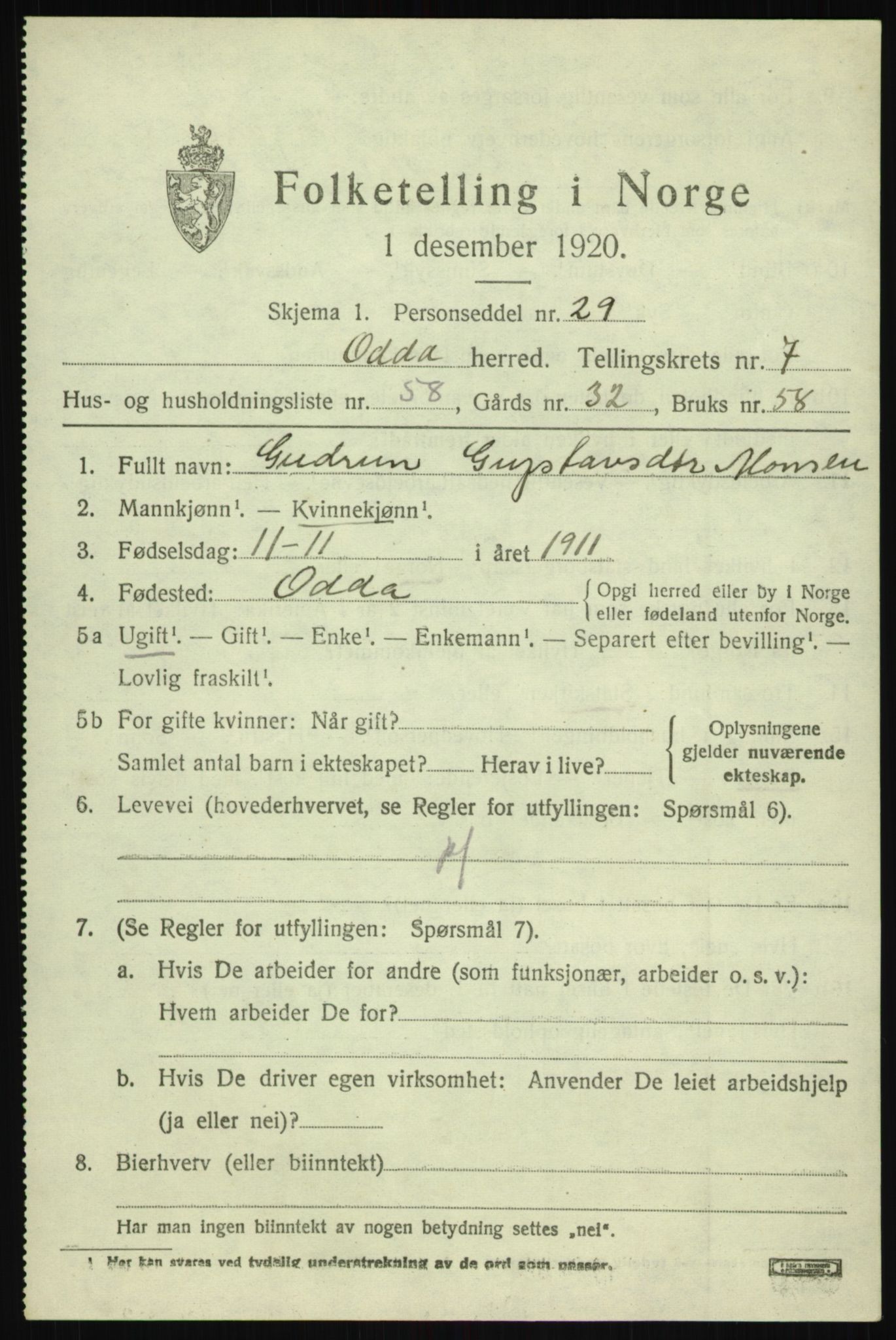 SAB, 1920 census for Odda, 1920, p. 6391