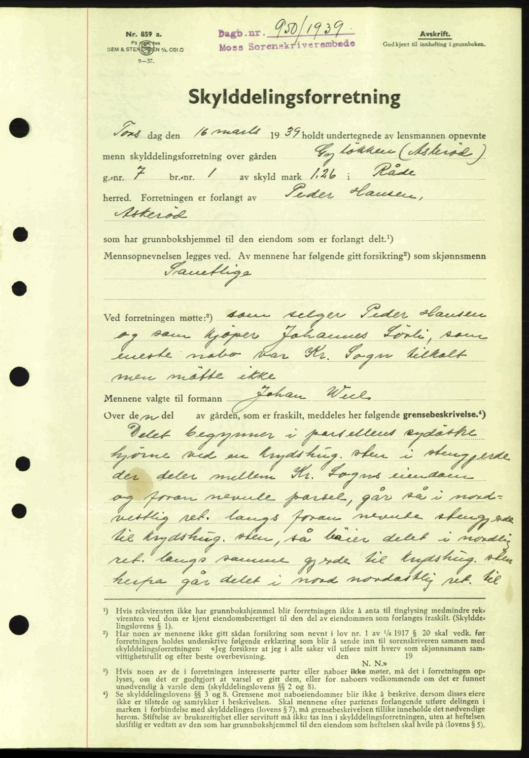 Moss sorenskriveri, SAO/A-10168: Mortgage book no. A5, 1938-1939, Diary no: : 950/1939