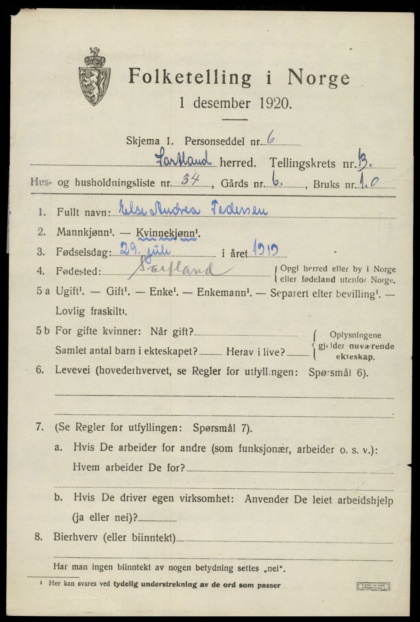 SAT, 1920 census for Sortland, 1920, p. 10866