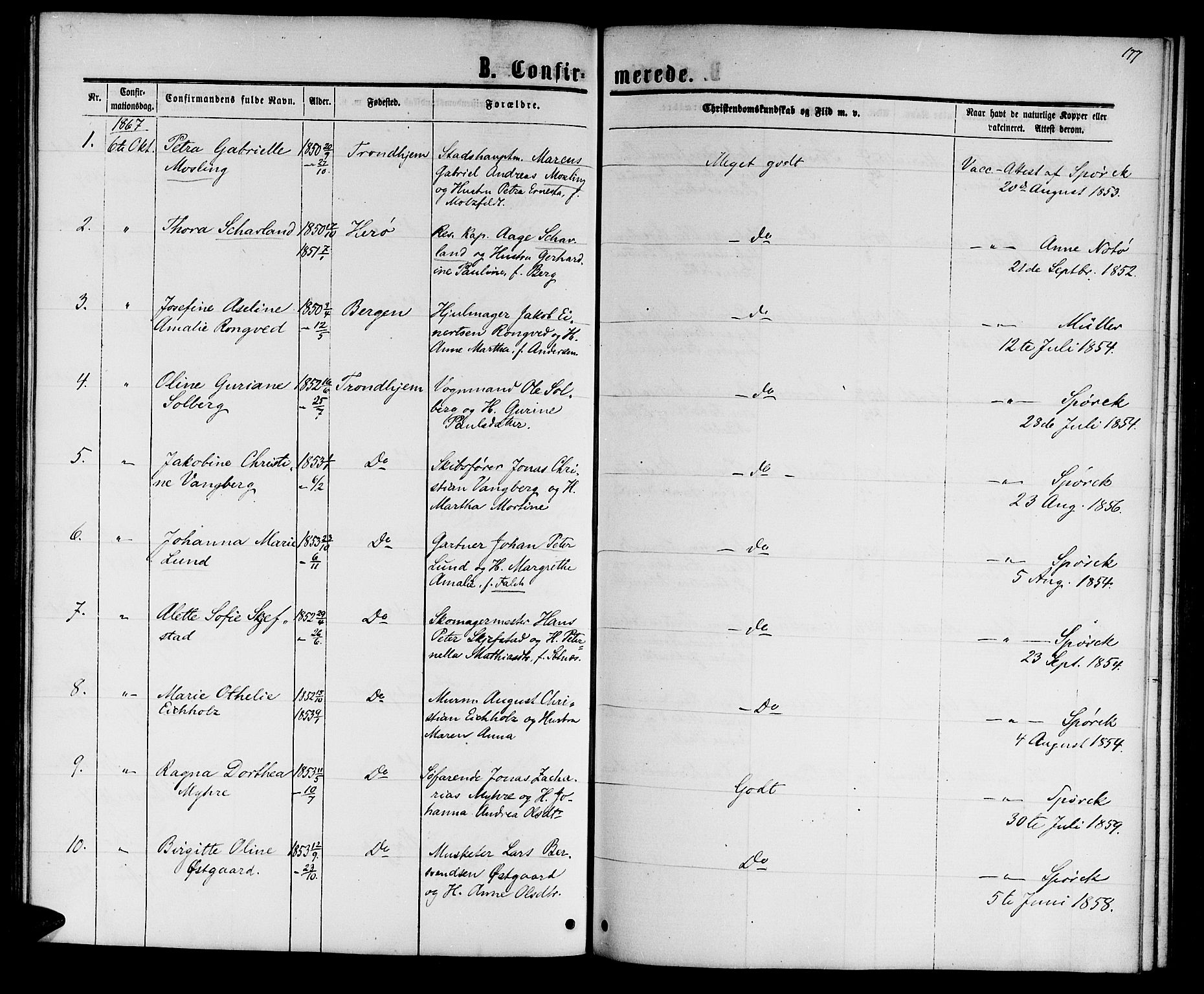 Ministerialprotokoller, klokkerbøker og fødselsregistre - Sør-Trøndelag, SAT/A-1456/601/L0087: Parish register (copy) no. 601C05, 1864-1881, p. 177