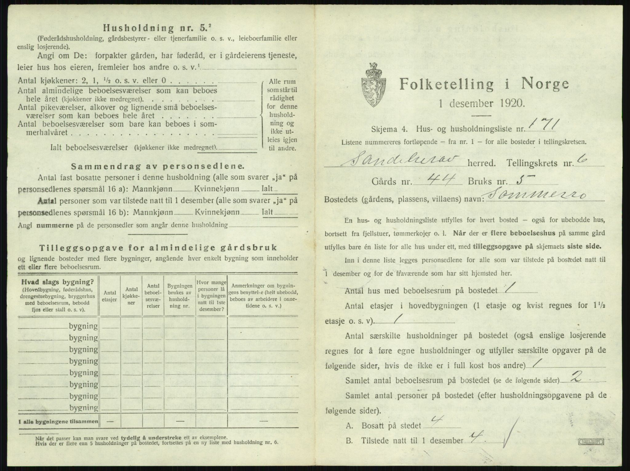 SAKO, 1920 census for Sandeherred, 1920, p. 1454