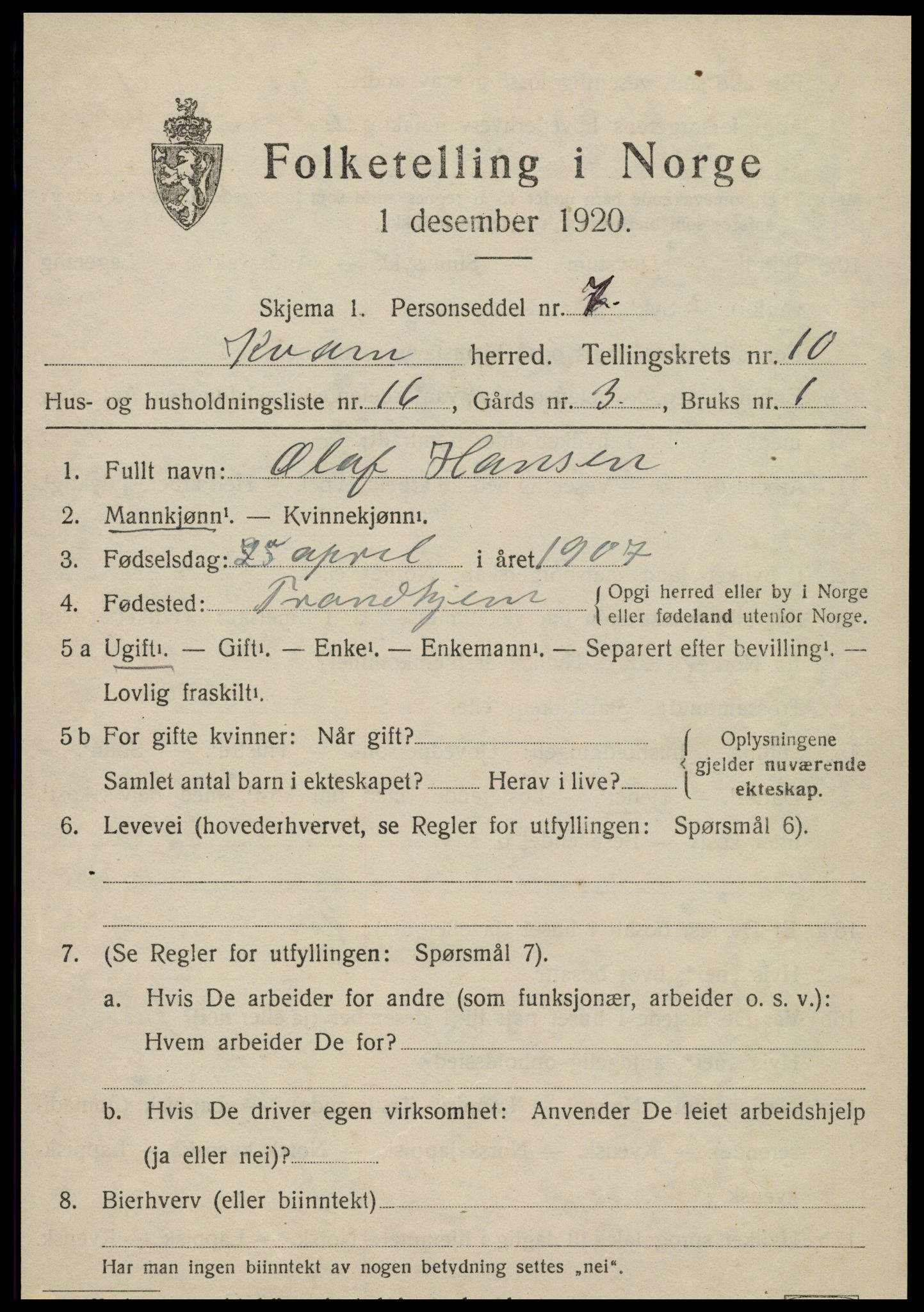 SAT, 1920 census for Kvam, 1920, p. 2705