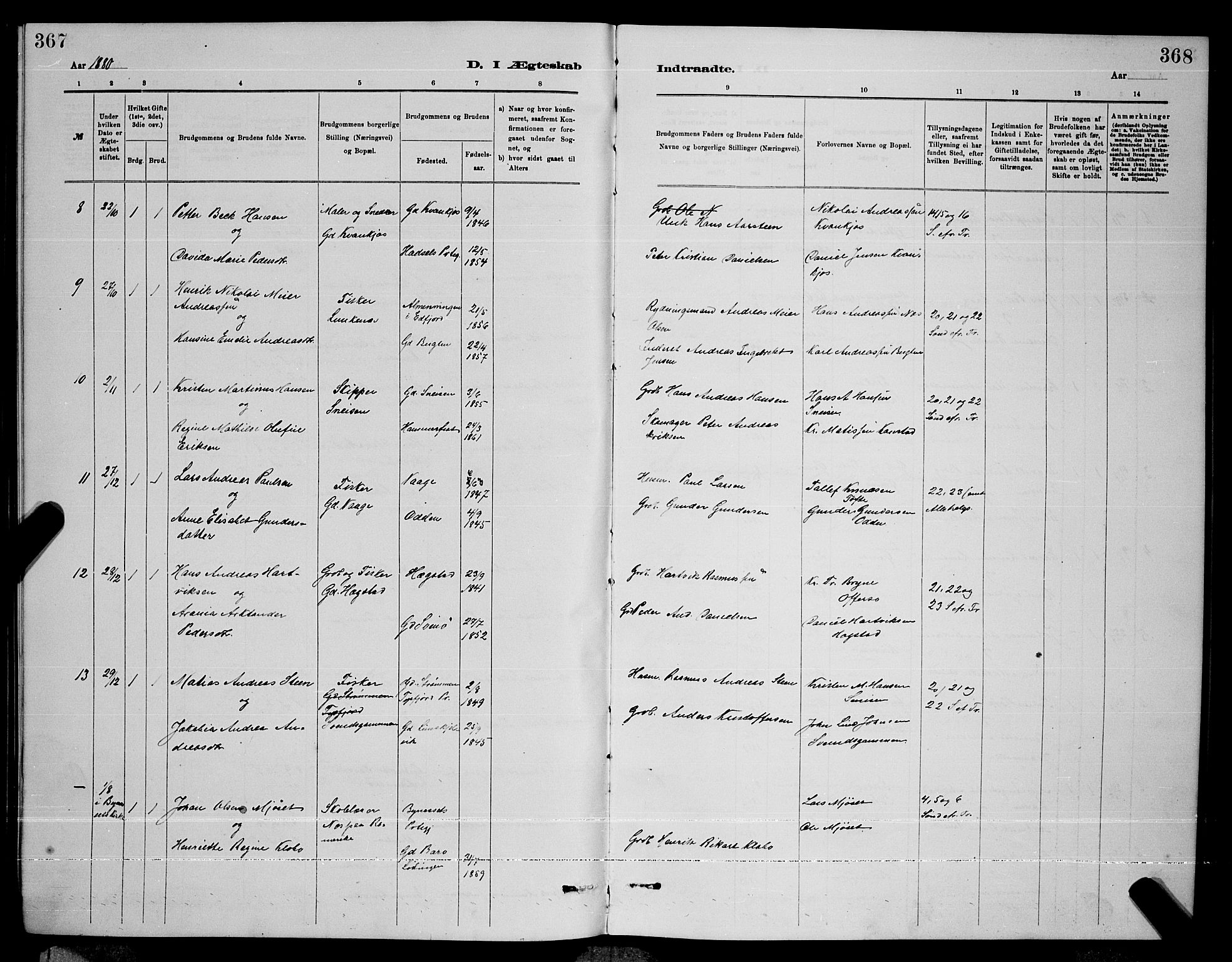 Ministerialprotokoller, klokkerbøker og fødselsregistre - Nordland, AV/SAT-A-1459/872/L1047: Parish register (copy) no. 872C03, 1880-1897, p. 367-368