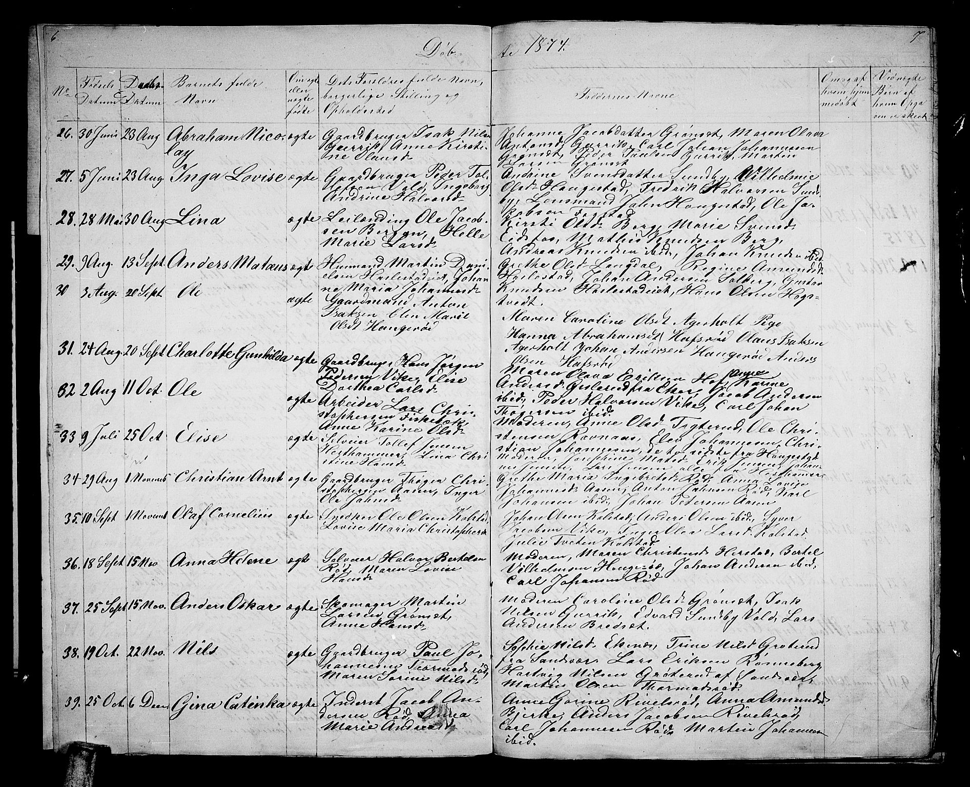 Hof kirkebøker, SAKO/A-64/G/Ga/L0003: Parish register (copy) no. I 3, 1874-1877, p. 6-7