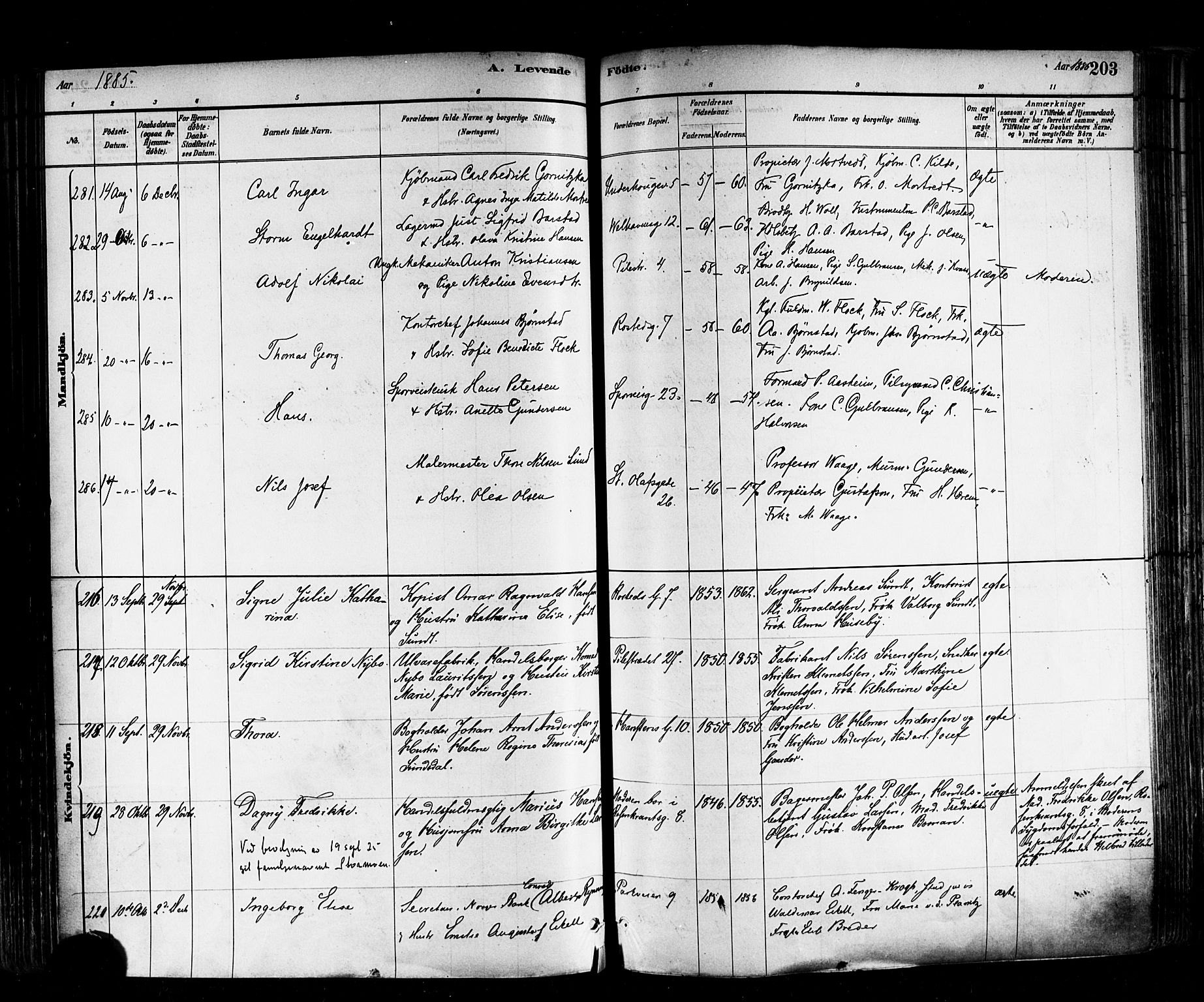 Trefoldighet prestekontor Kirkebøker, AV/SAO-A-10882/F/Fa/L0005: Parish register (official) no. I 5, 1881-1891, p. 203