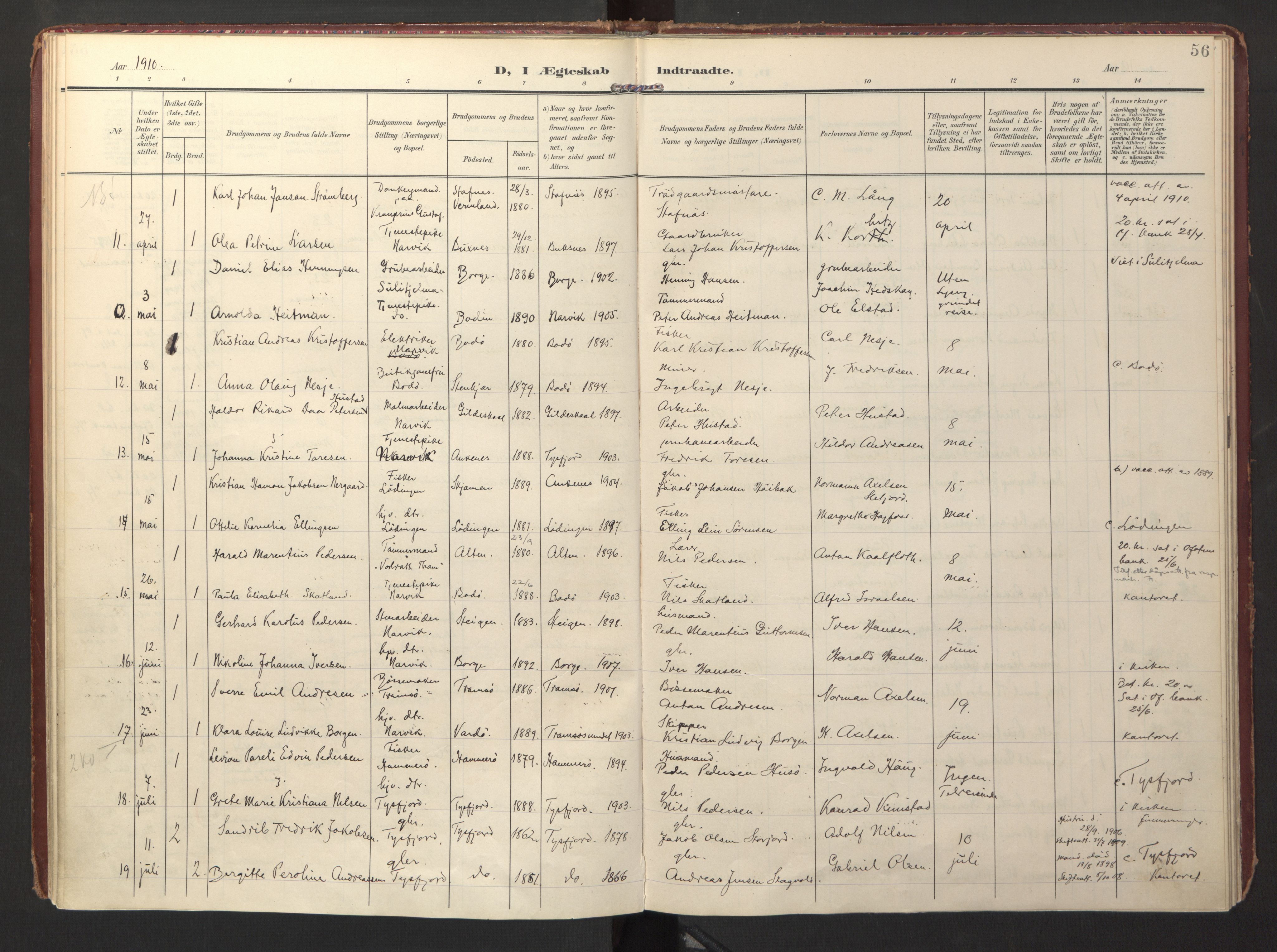 Ministerialprotokoller, klokkerbøker og fødselsregistre - Nordland, SAT/A-1459/871/L0999: Parish register (official) no. 871A15, 1902-1917, p. 56