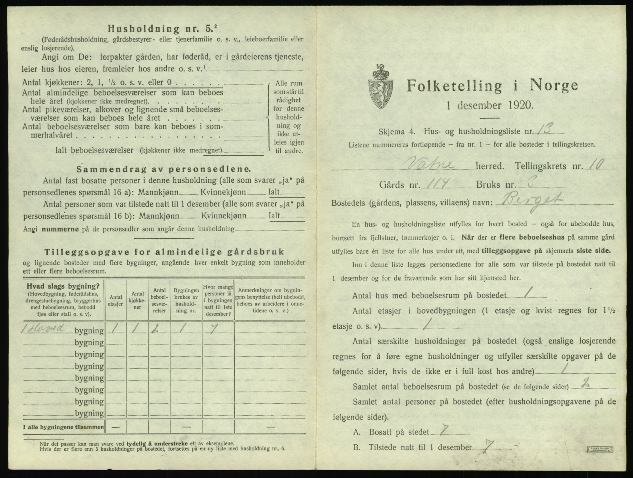 SAT, 1920 census for Vatne, 1920, p. 564