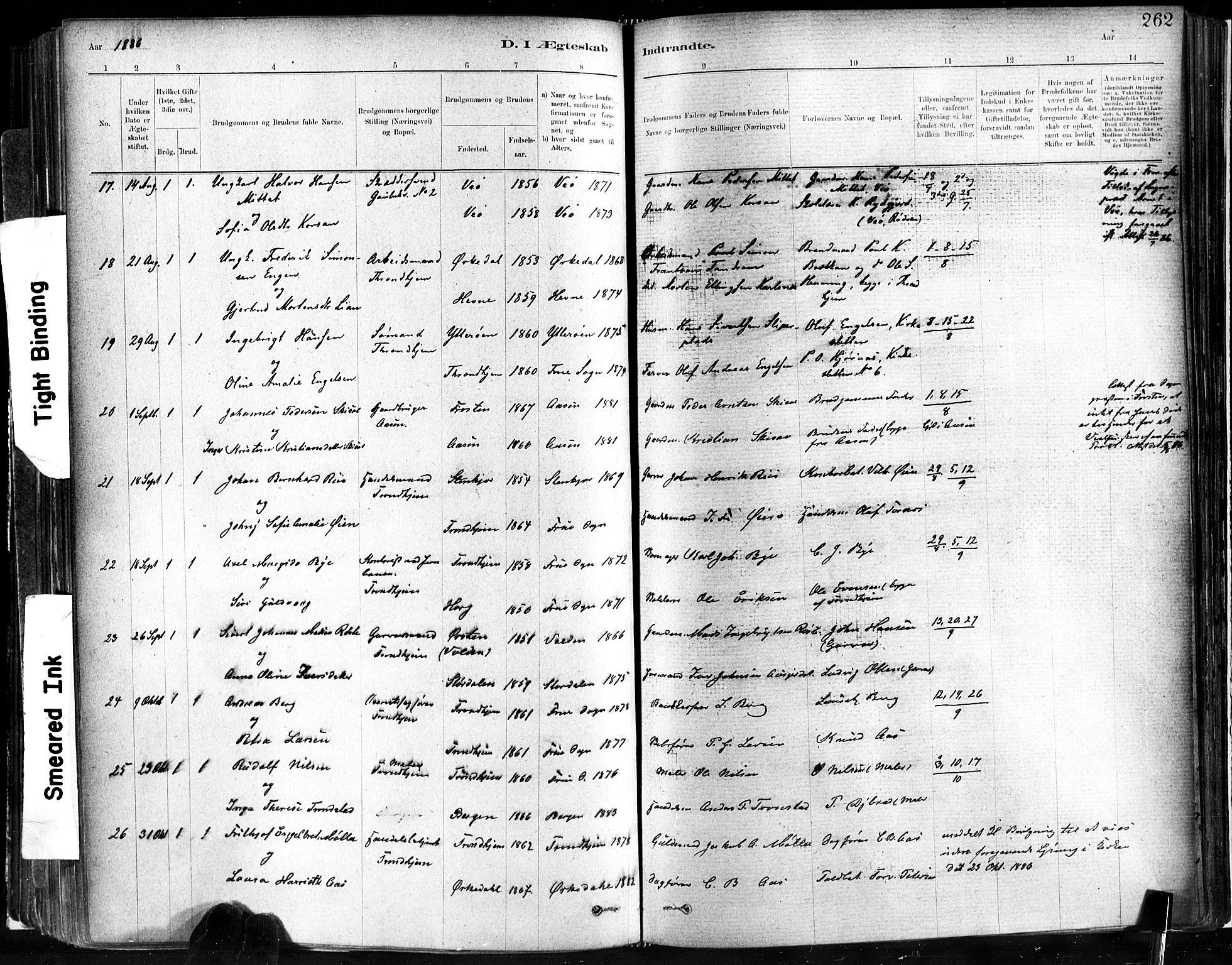 Ministerialprotokoller, klokkerbøker og fødselsregistre - Sør-Trøndelag, AV/SAT-A-1456/602/L0119: Parish register (official) no. 602A17, 1880-1901, p. 262