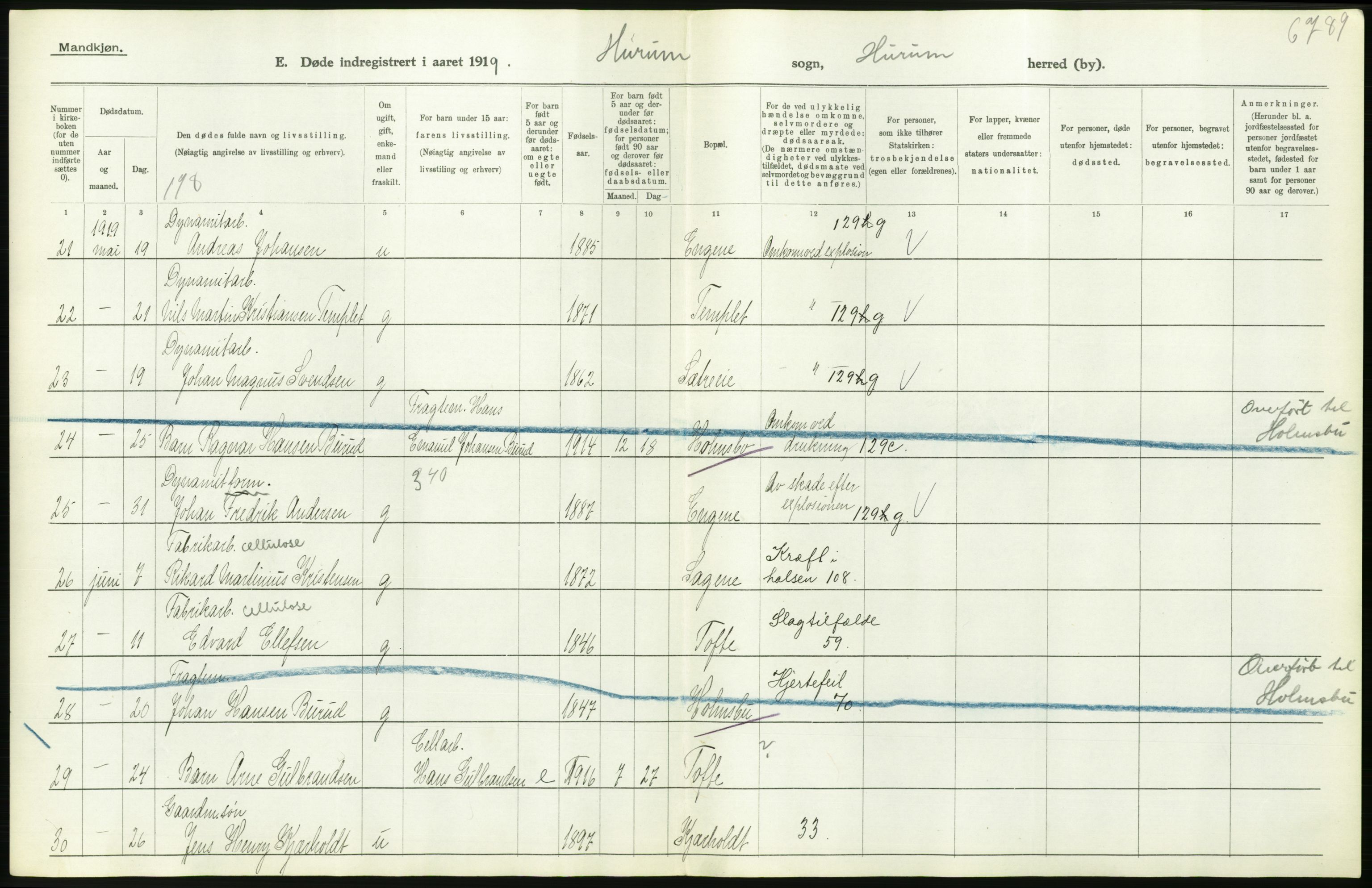 Statistisk sentralbyrå, Sosiodemografiske emner, Befolkning, AV/RA-S-2228/D/Df/Dfb/Dfbi/L0018: Buskerud fylke: Døde. Bygder og byer., 1919, p. 314