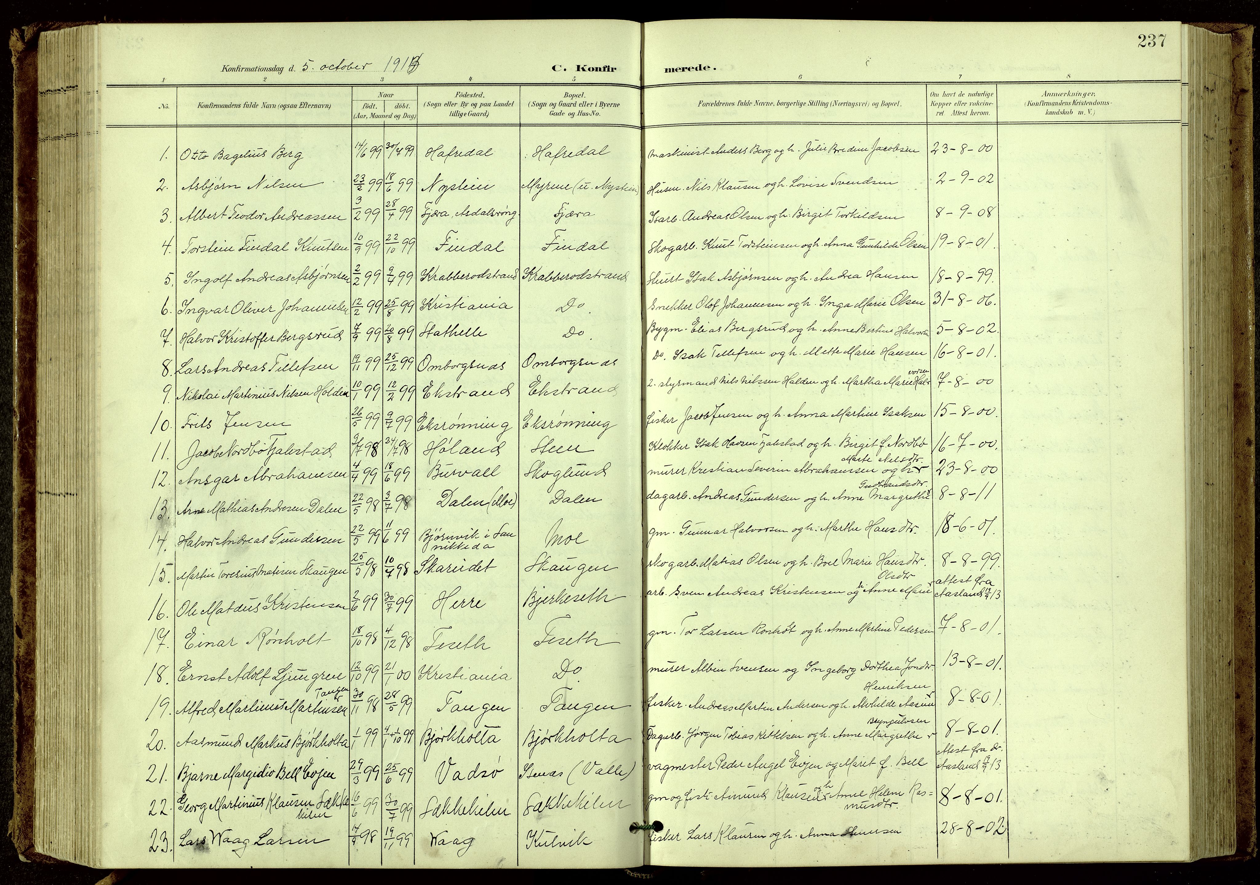 Bamble kirkebøker, SAKO/A-253/G/Ga/L0010: Parish register (copy) no. I 10, 1901-1919, p. 237