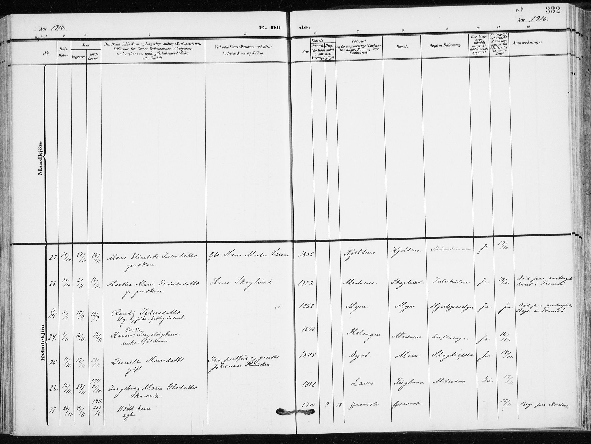 Målselv sokneprestembete, AV/SATØ-S-1311/G/Ga/Gaa/L0011kirke: Parish register (official) no. 11, 1904-1918, p. 332