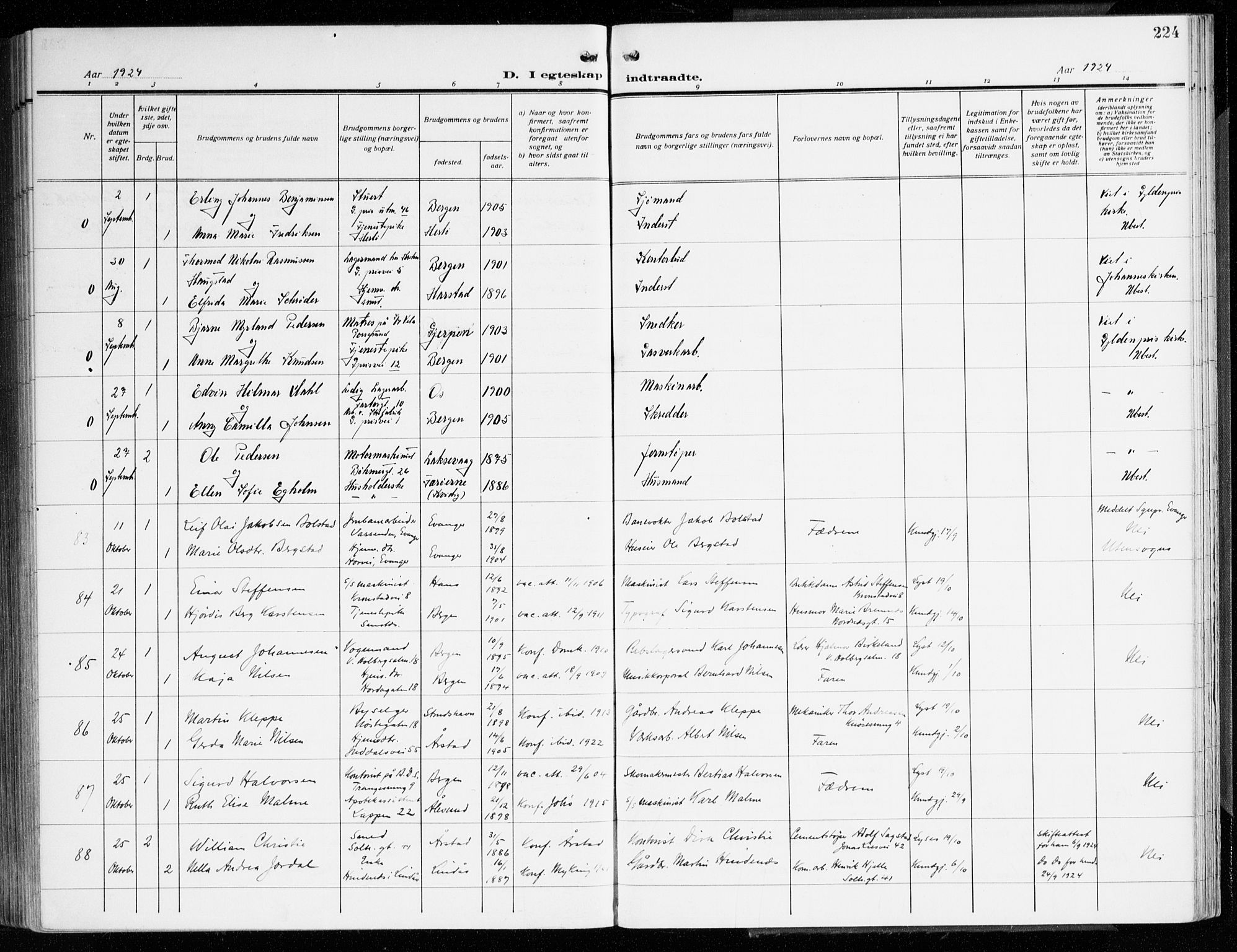 Årstad Sokneprestembete, AV/SAB-A-79301/H/Haa/L0004: Parish register (official) no. A 4, 1919-1928, p. 224