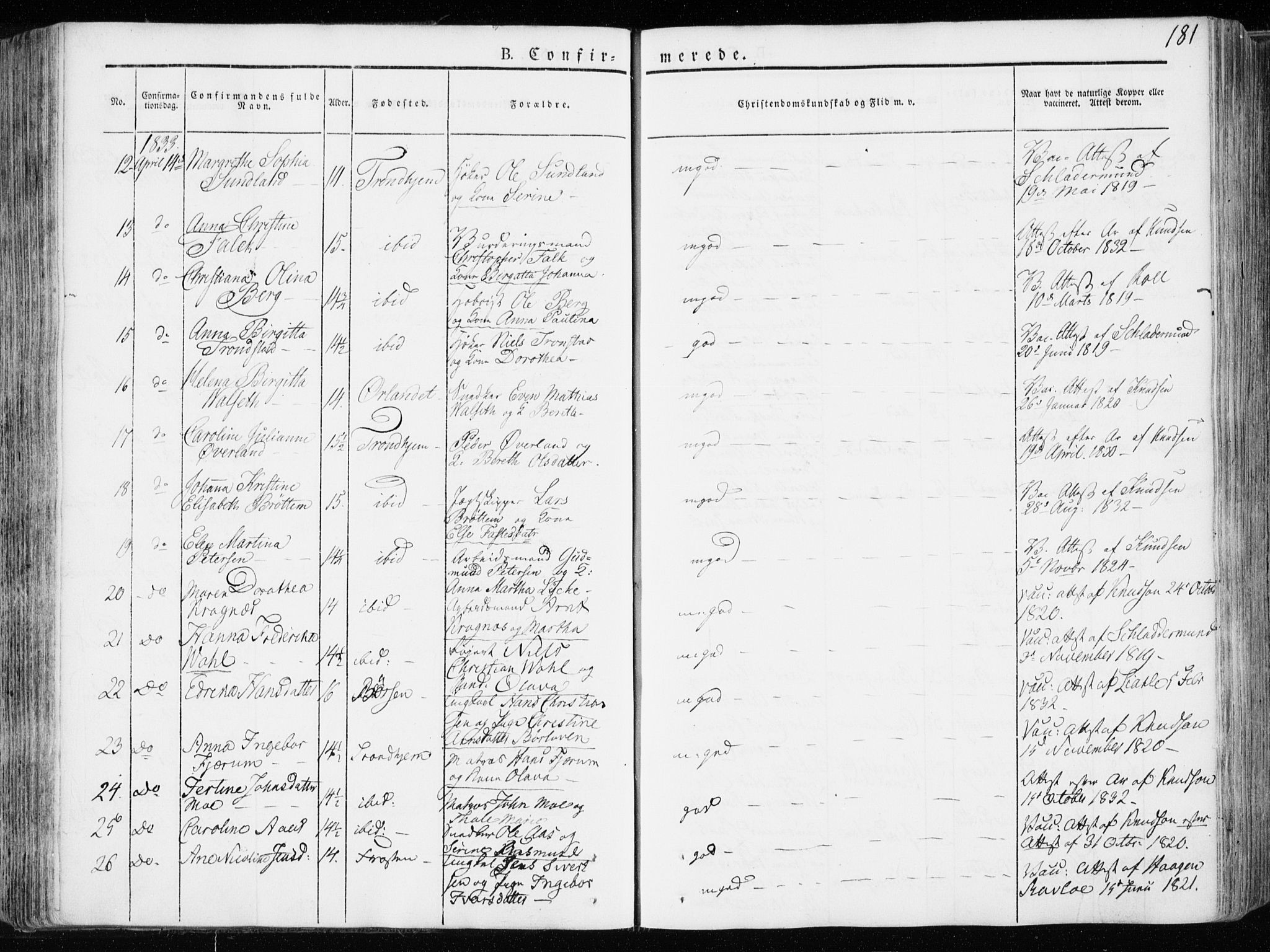 Ministerialprotokoller, klokkerbøker og fødselsregistre - Sør-Trøndelag, AV/SAT-A-1456/601/L0047: Parish register (official) no. 601A15, 1831-1839, p. 181