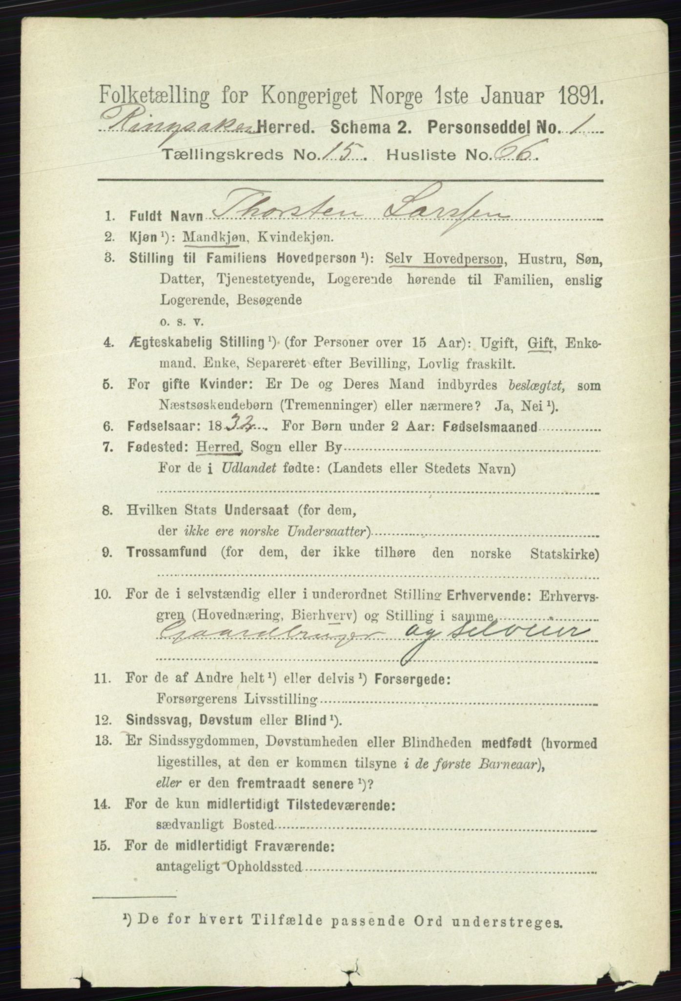 RA, 1891 census for 0412 Ringsaker, 1891, p. 8889