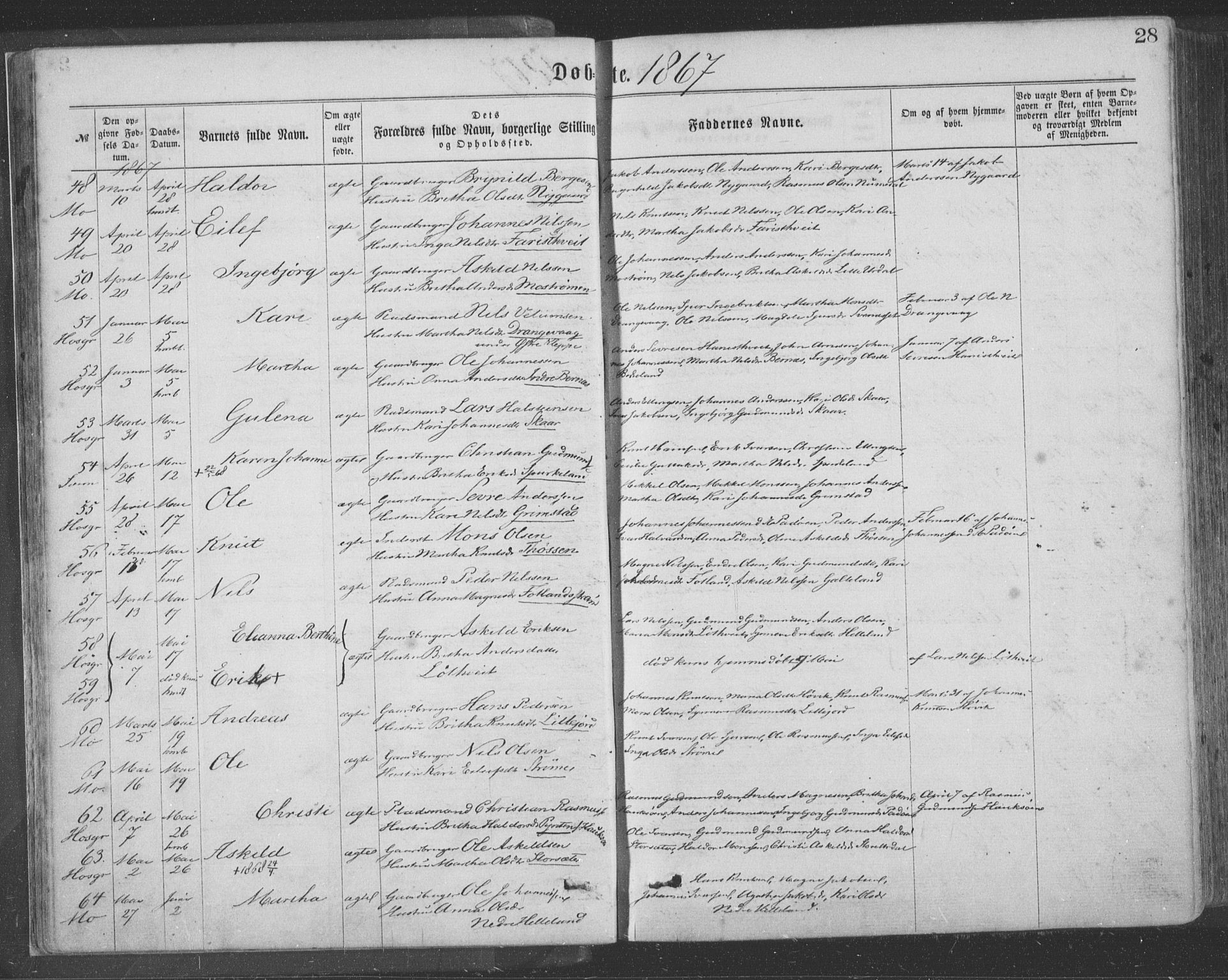 Hosanger sokneprestembete, AV/SAB-A-75801/H/Haa: Parish register (official) no. A 9, 1864-1876, p. 28