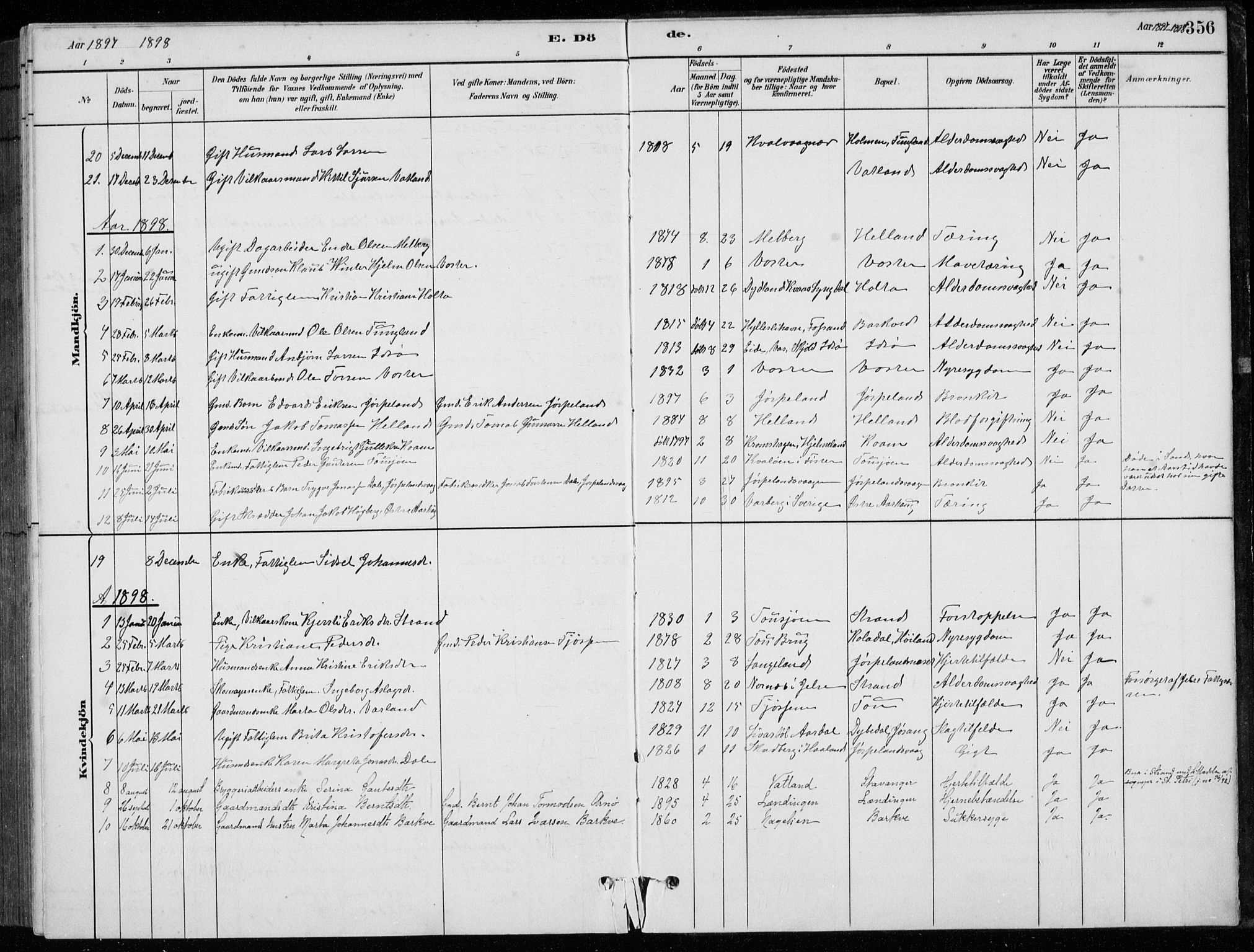 Strand sokneprestkontor, SAST/A-101828/H/Ha/Hab/L0004: Parish register (copy) no. B 4, 1878-1903, p. 356
