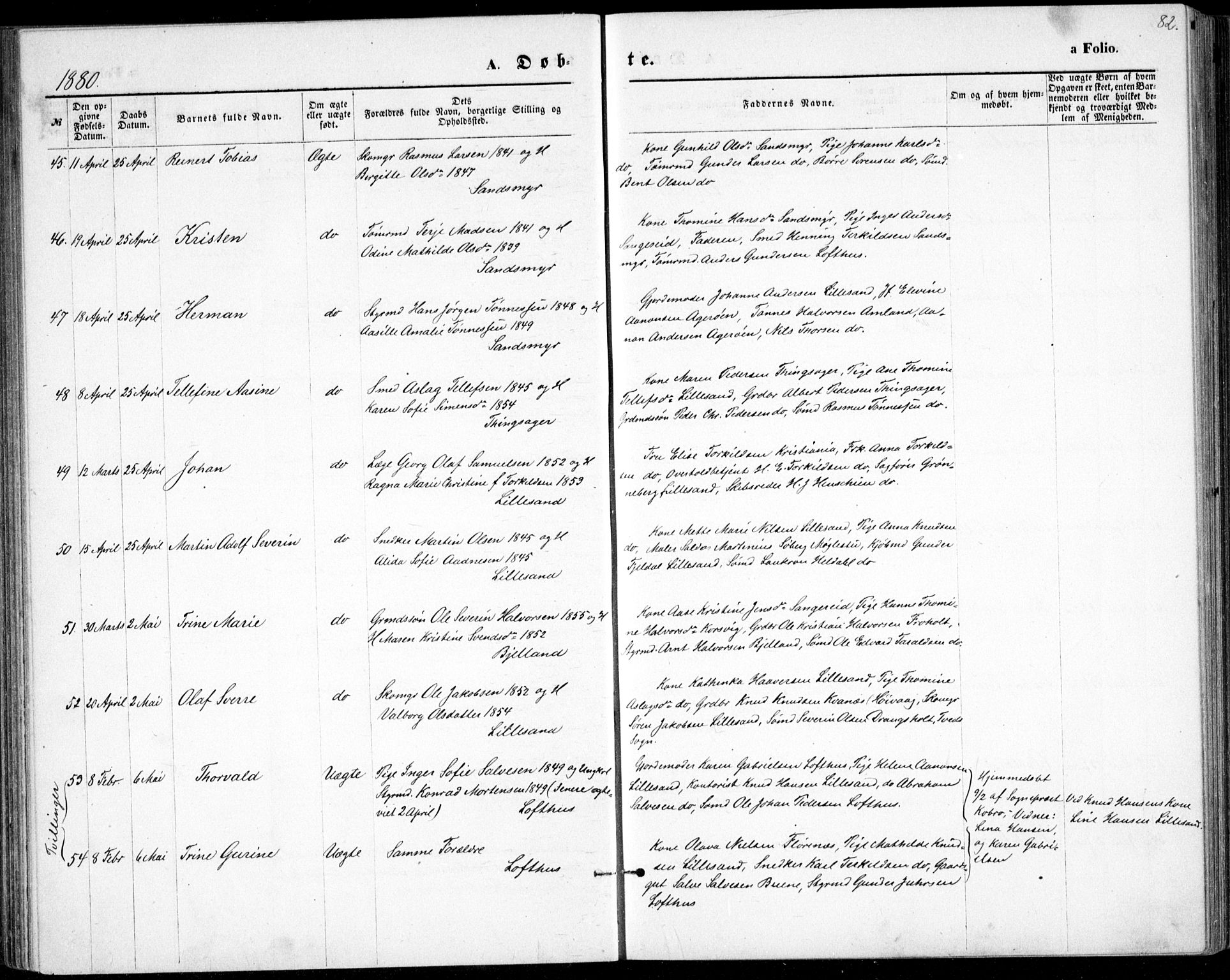 Vestre Moland sokneprestkontor, SAK/1111-0046/F/Fb/Fbb/L0005: Parish register (copy) no. B 5, 1872-1883, p. 82