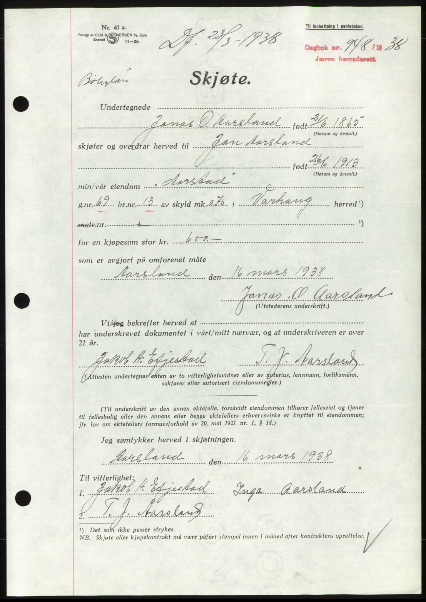 Jæren sorenskriveri, SAST/A-100310/03/G/Gba/L0070: Mortgage book, 1938-1938, Diary no: : 948/1938