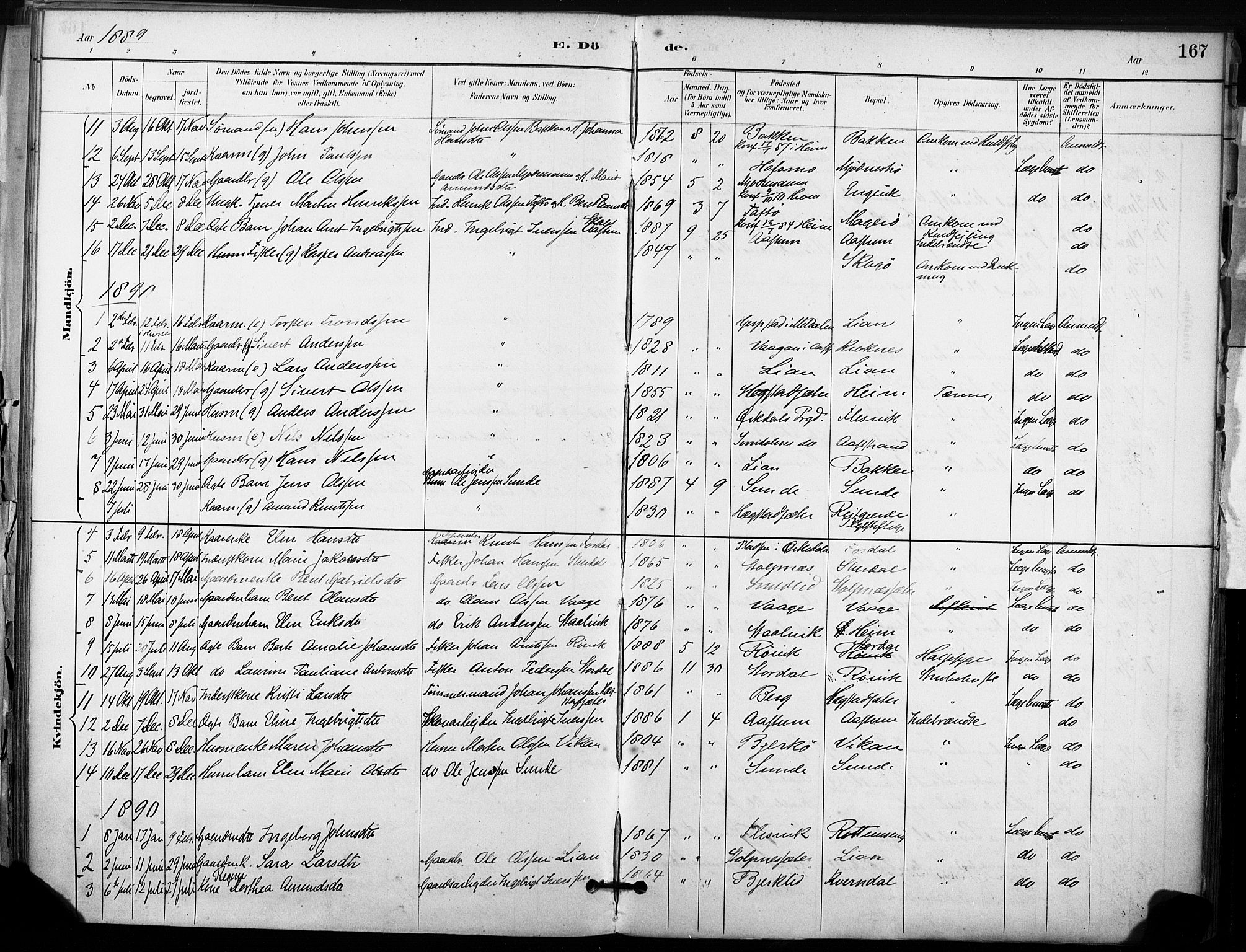 Ministerialprotokoller, klokkerbøker og fødselsregistre - Sør-Trøndelag, SAT/A-1456/633/L0518: Parish register (official) no. 633A01, 1884-1906, p. 167