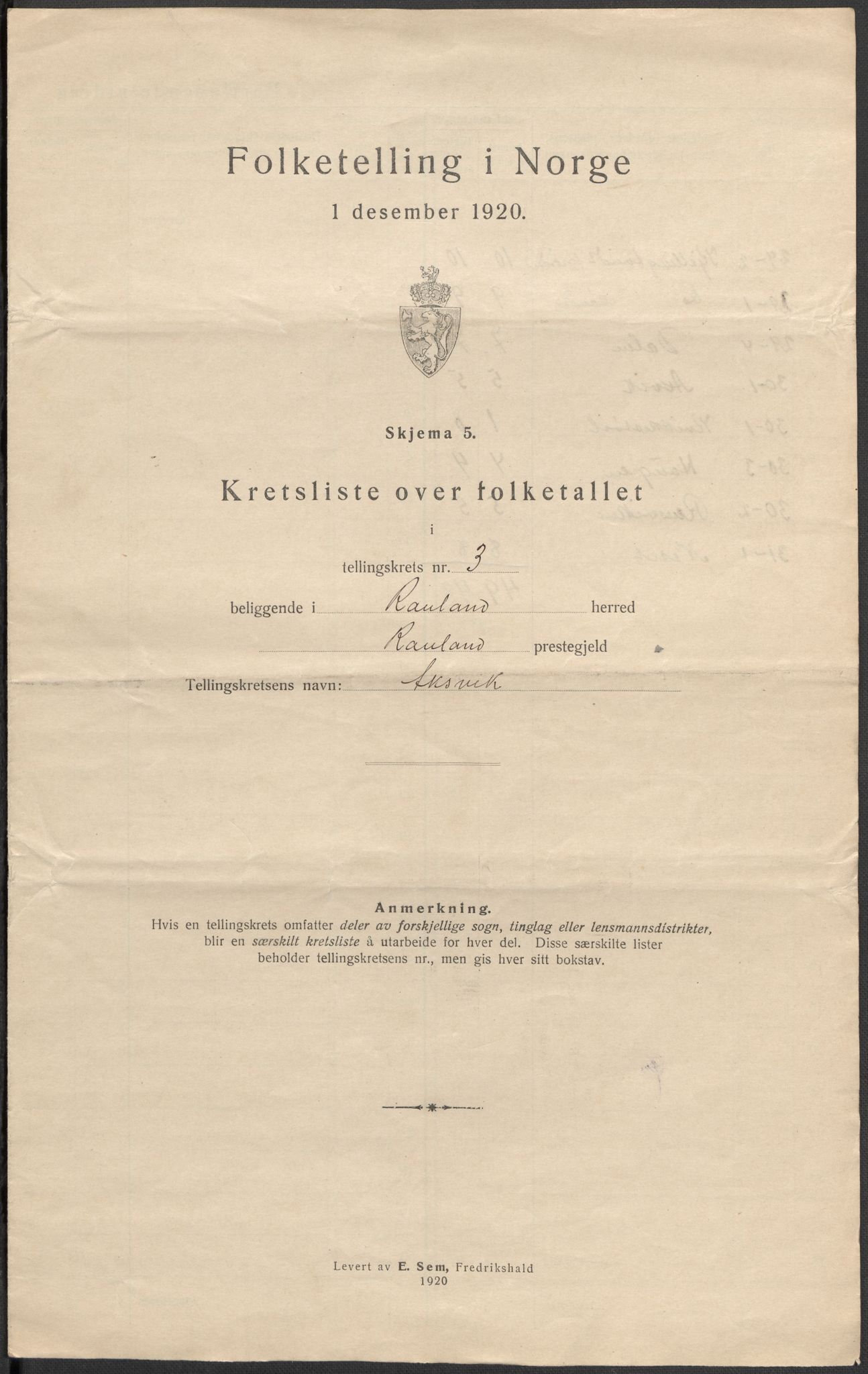 SAKO, 1920 census for Rauland, 1920, p. 11