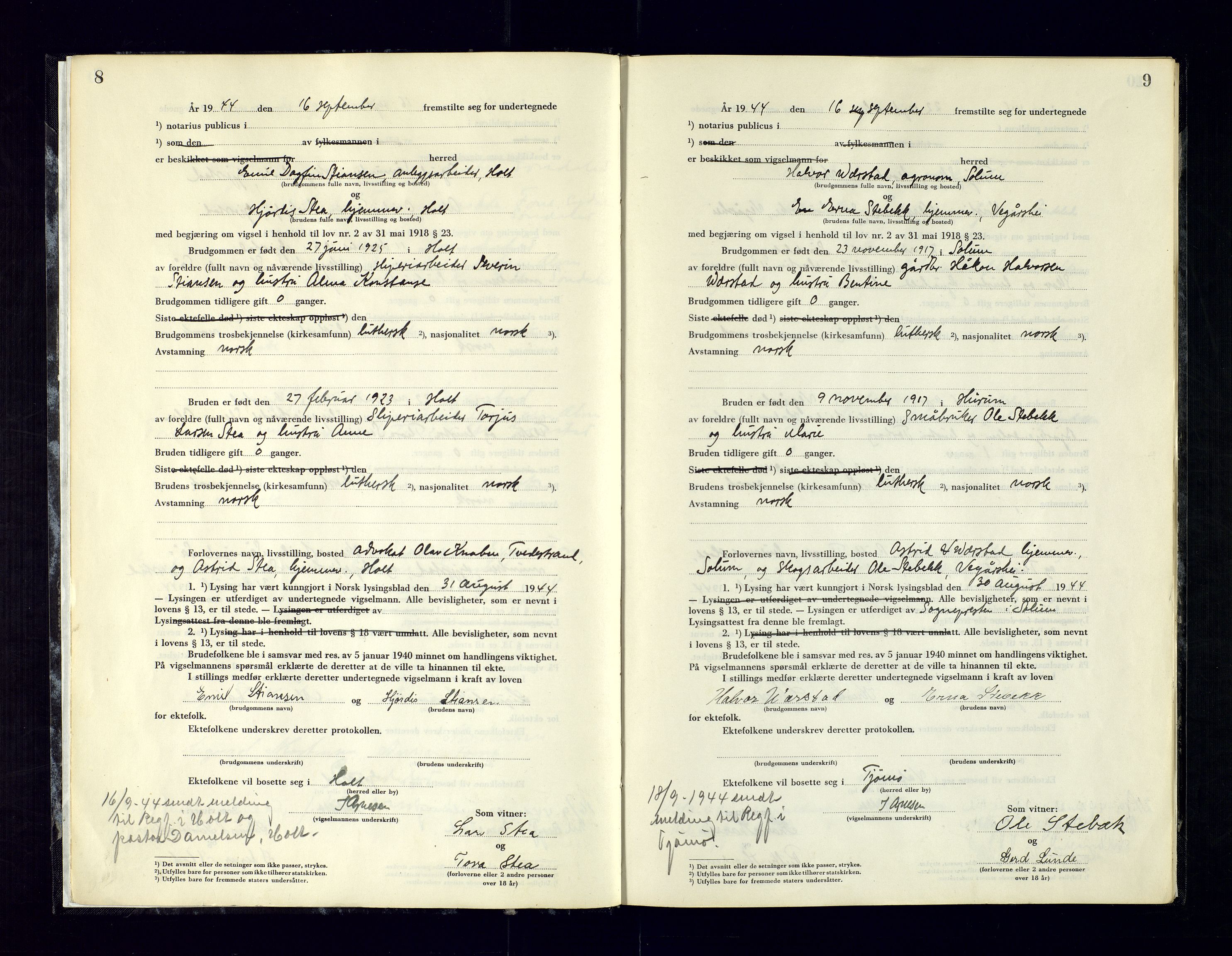 Holt sorenskriveri, AV/SAK-1221-0002/L/Ld/L0003: Vigselbok nr. 2, 1944-1964, p. 8-9