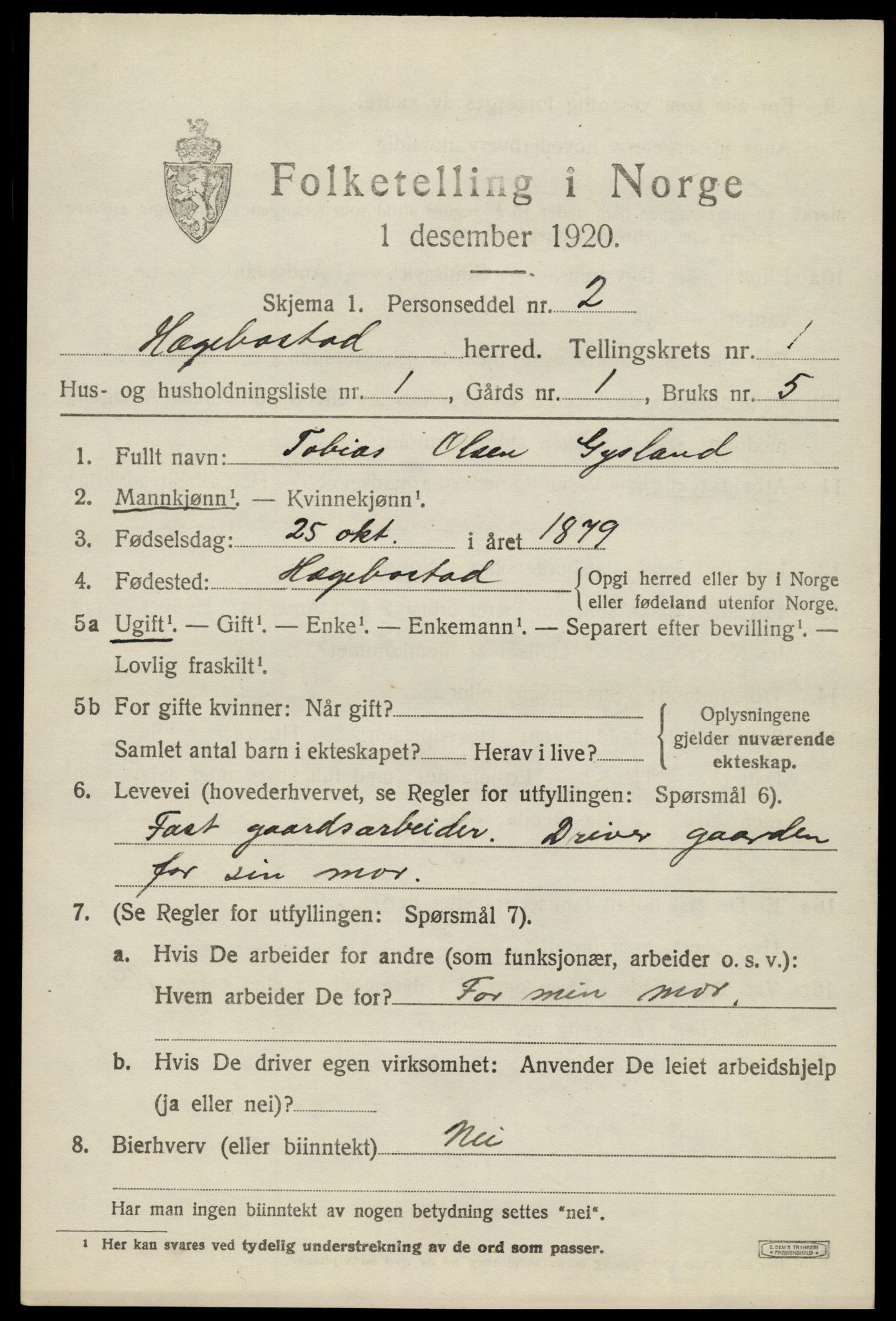 SAK, 1920 census for Hægebostad, 1920, p. 519