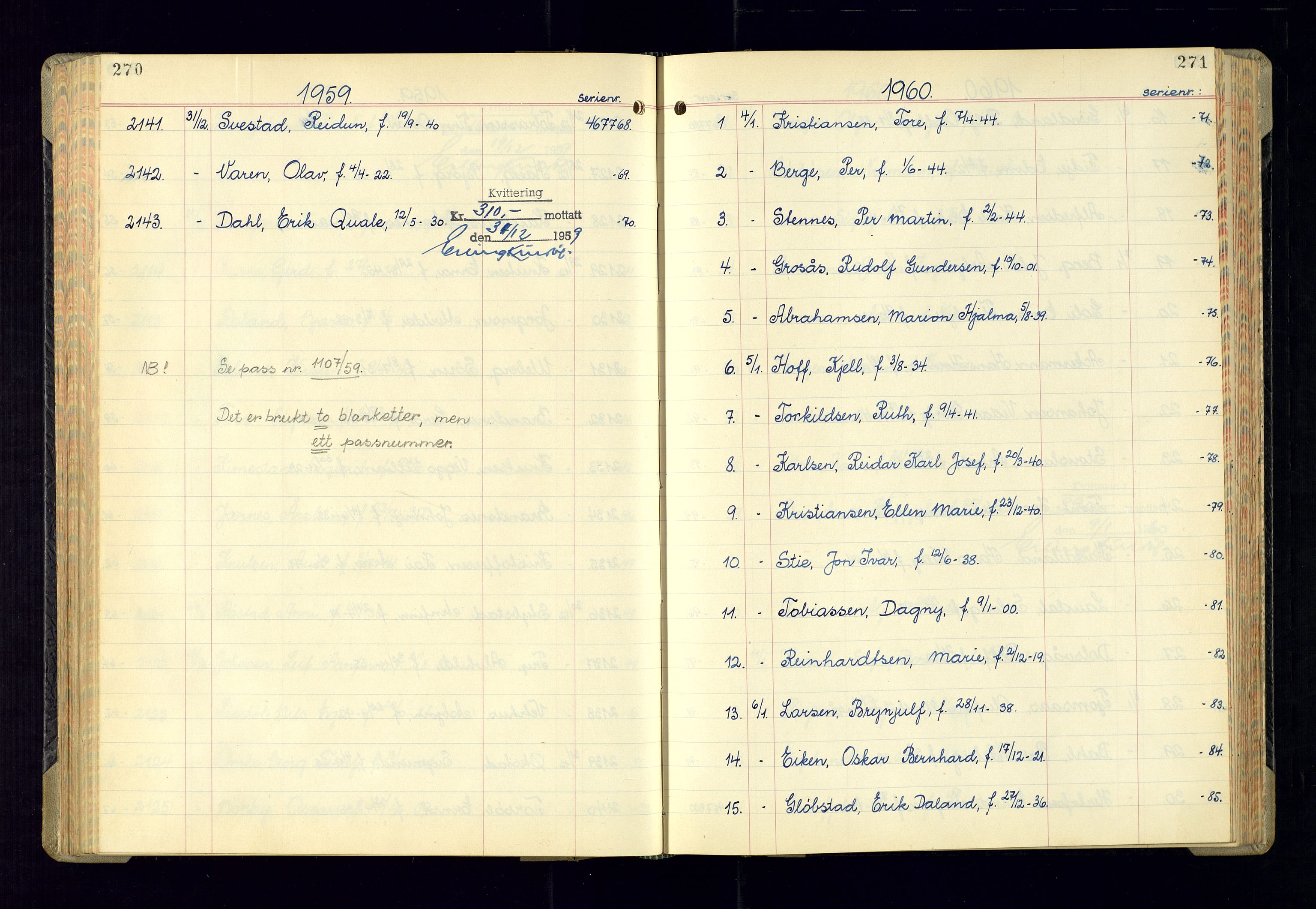 Kristiansand politikammer - 2, AV/SAK-1243-0009/K/Ka/Kaa/L0614: Passprotokoll, liste med løpenumre, 1958-1962, p. 270-271