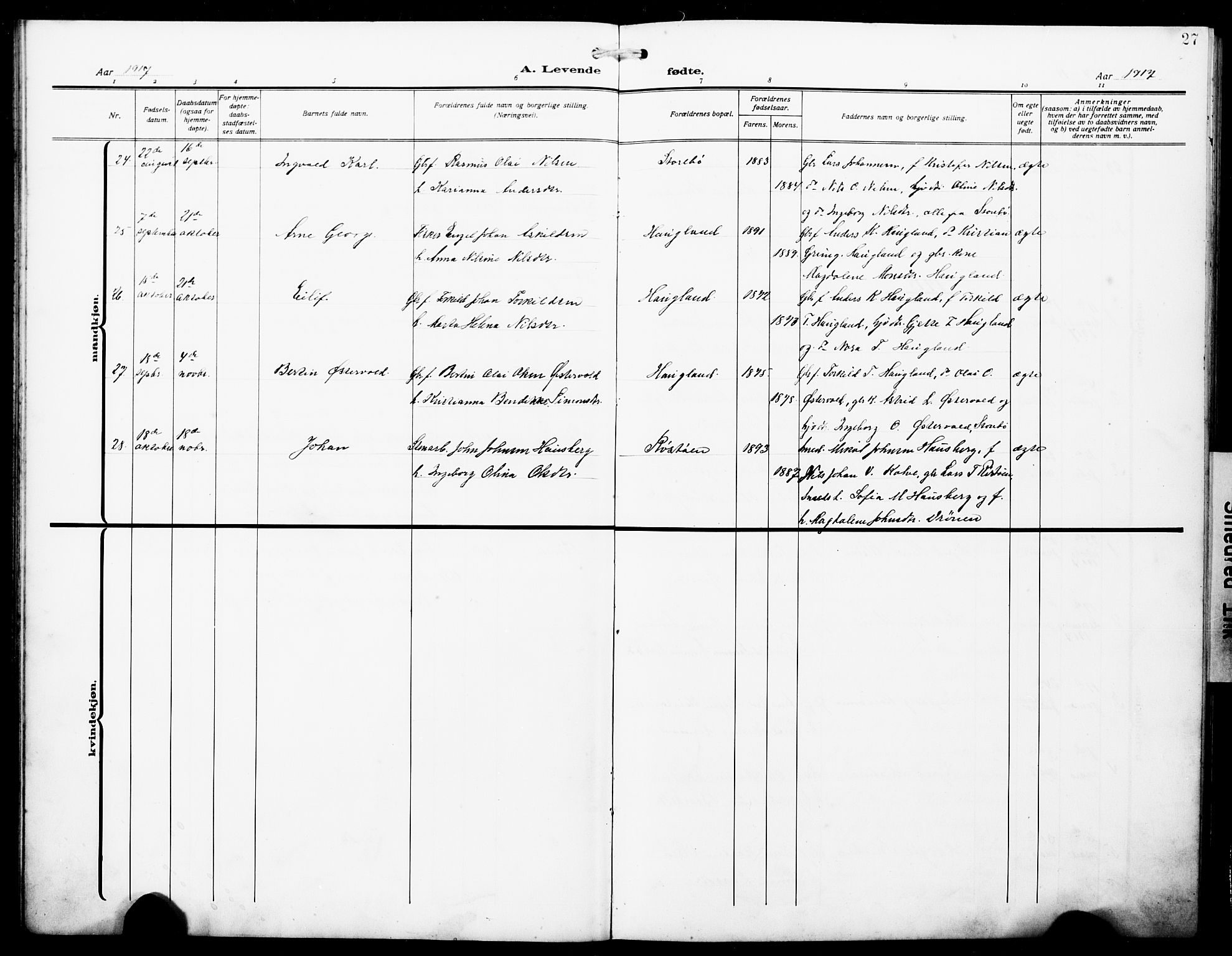 Austevoll sokneprestembete, AV/SAB-A-74201/H/Ha/Hab/Haba/L0005: Parish register (copy) no. A 5, 1913-1925, p. 27