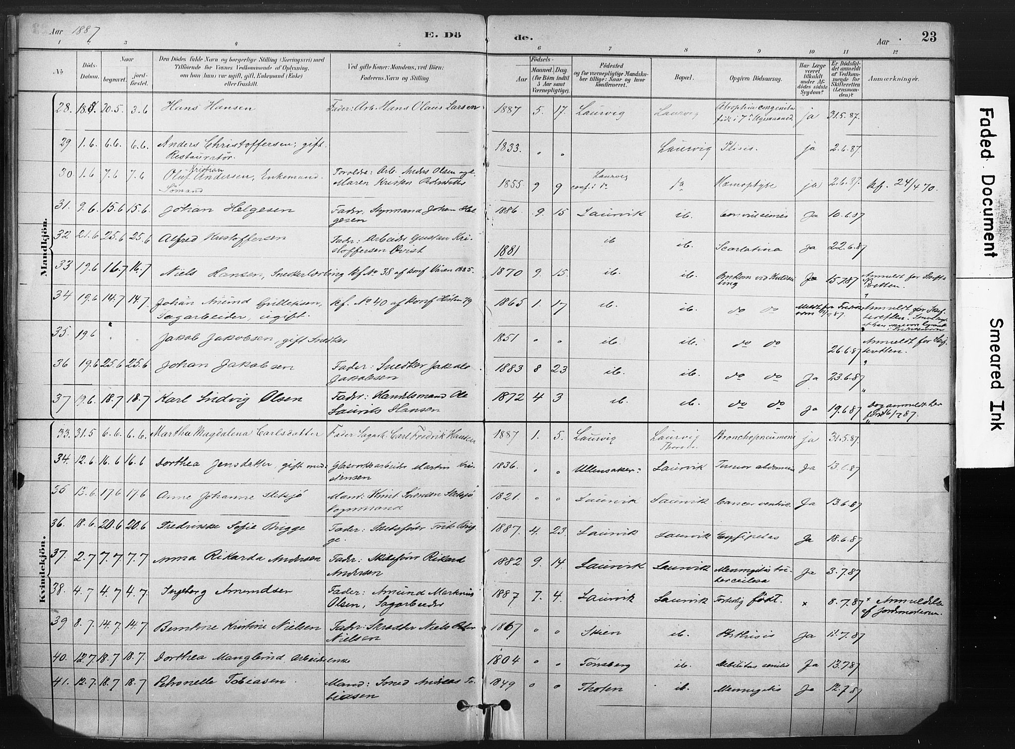 Larvik kirkebøker, AV/SAKO-A-352/F/Fa/L0010: Parish register (official) no. I 10, 1884-1910, p. 23