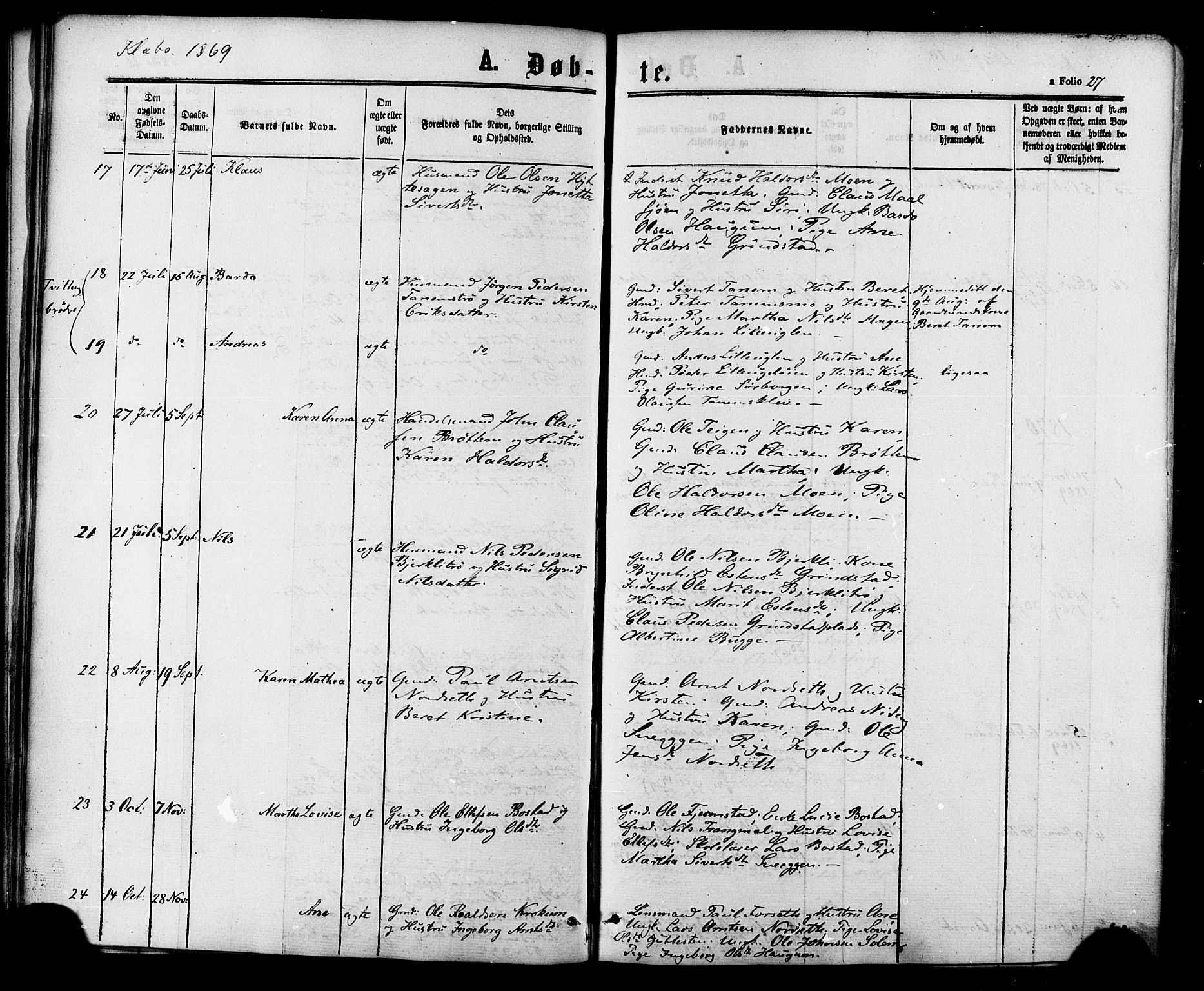 Ministerialprotokoller, klokkerbøker og fødselsregistre - Sør-Trøndelag, SAT/A-1456/618/L0442: Parish register (official) no. 618A06 /1, 1863-1879, p. 27