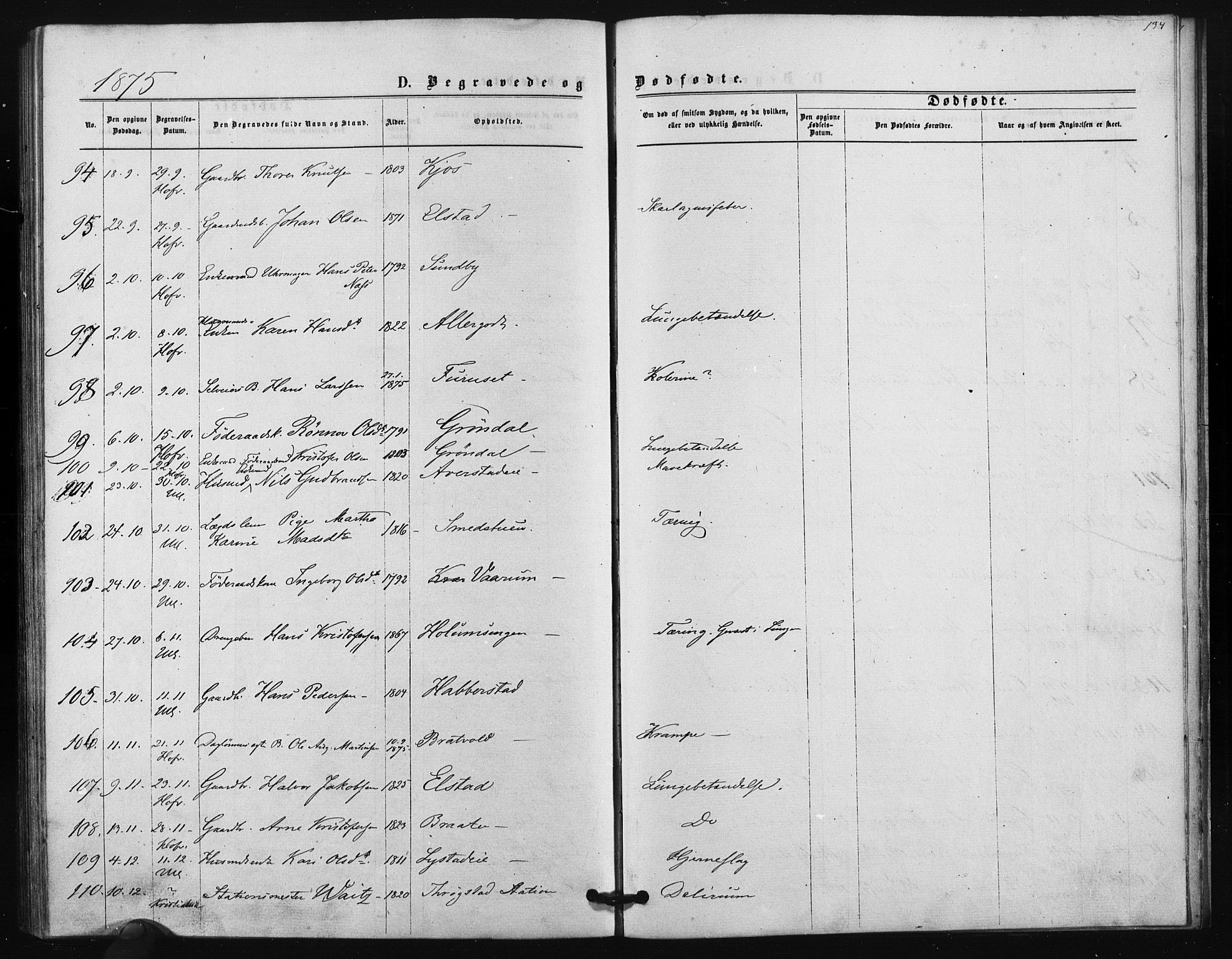 Ullensaker prestekontor Kirkebøker, AV/SAO-A-10236a/F/Fa/L0017: Parish register (official) no. I 17, 1871-1875, p. 134