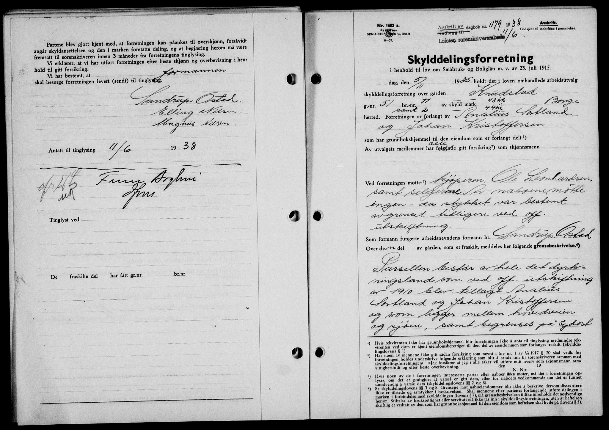 Lofoten sorenskriveri, SAT/A-0017/1/2/2C/L0004a: Mortgage book no. 4a, 1938-1938, Diary no: : 1179/1938