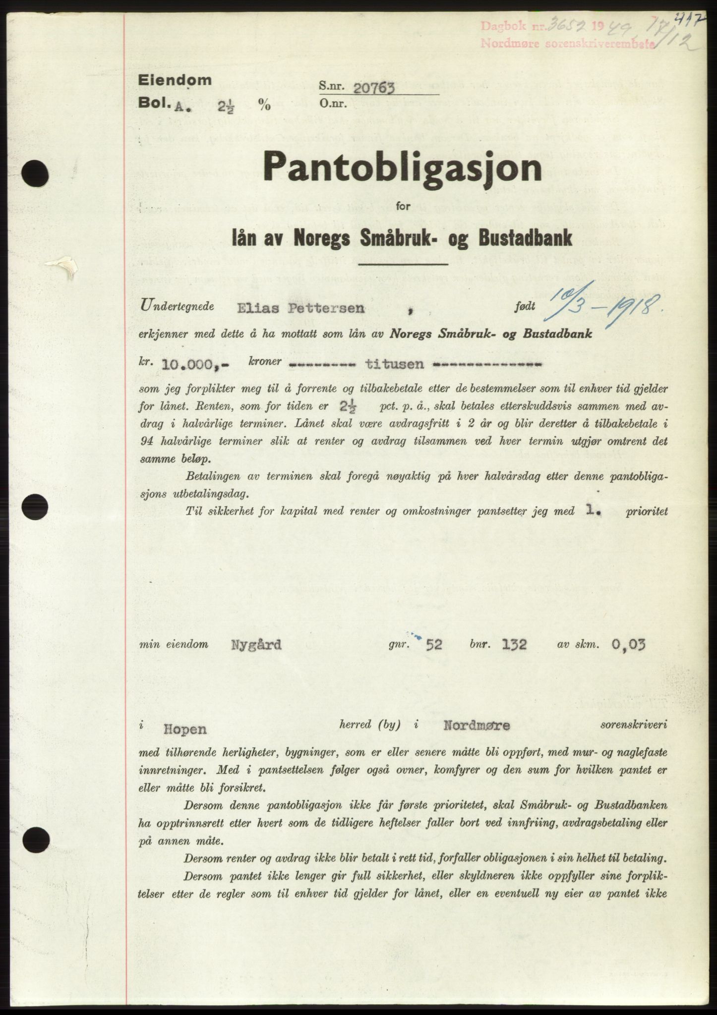 Nordmøre sorenskriveri, AV/SAT-A-4132/1/2/2Ca: Mortgage book no. B103, 1949-1950, Diary no: : 3652/1949