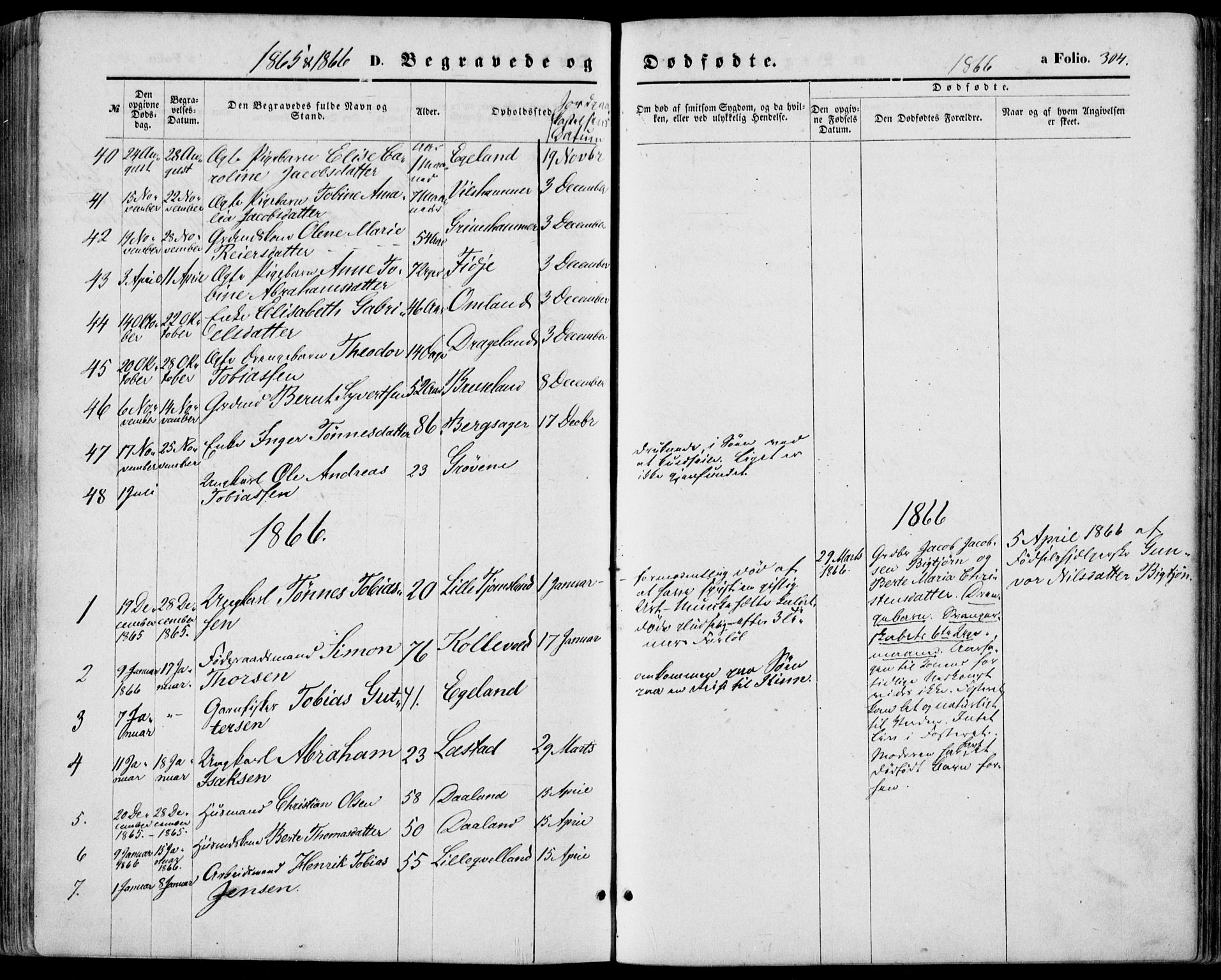 Lyngdal sokneprestkontor, SAK/1111-0029/F/Fa/Fac/L0010: Parish register (official) no. A 10, 1865-1878, p. 304
