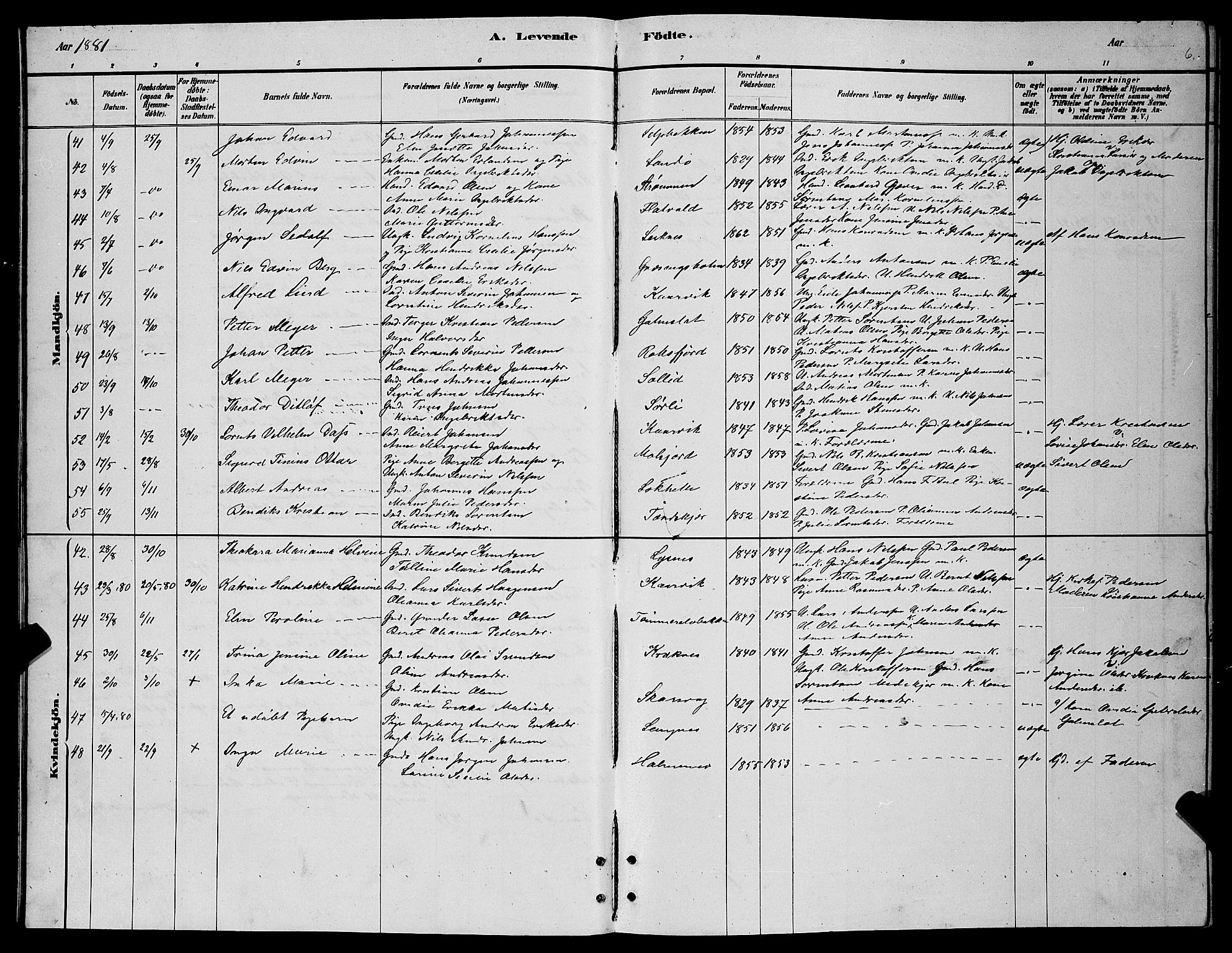 Lenvik sokneprestembete, AV/SATØ-S-1310/H/Ha/Hab/L0006klokker: Parish register (copy) no. 6, 1881-1889, p. 6