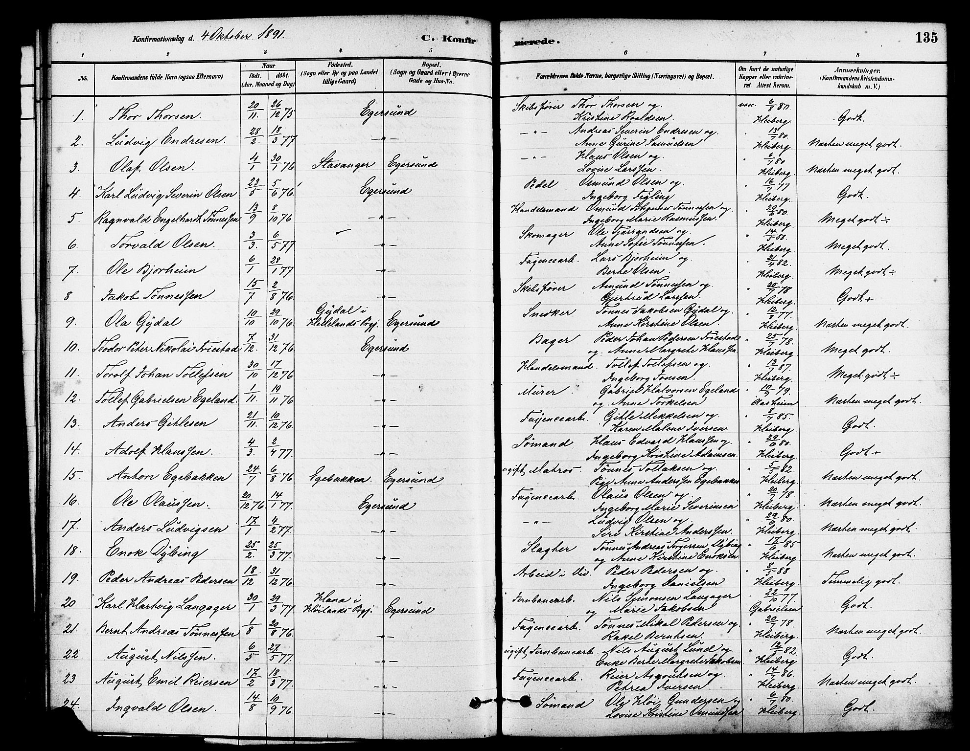 Eigersund sokneprestkontor, SAST/A-101807/S08/L0015: Parish register (official) no. A 15, 1879-1892, p. 135