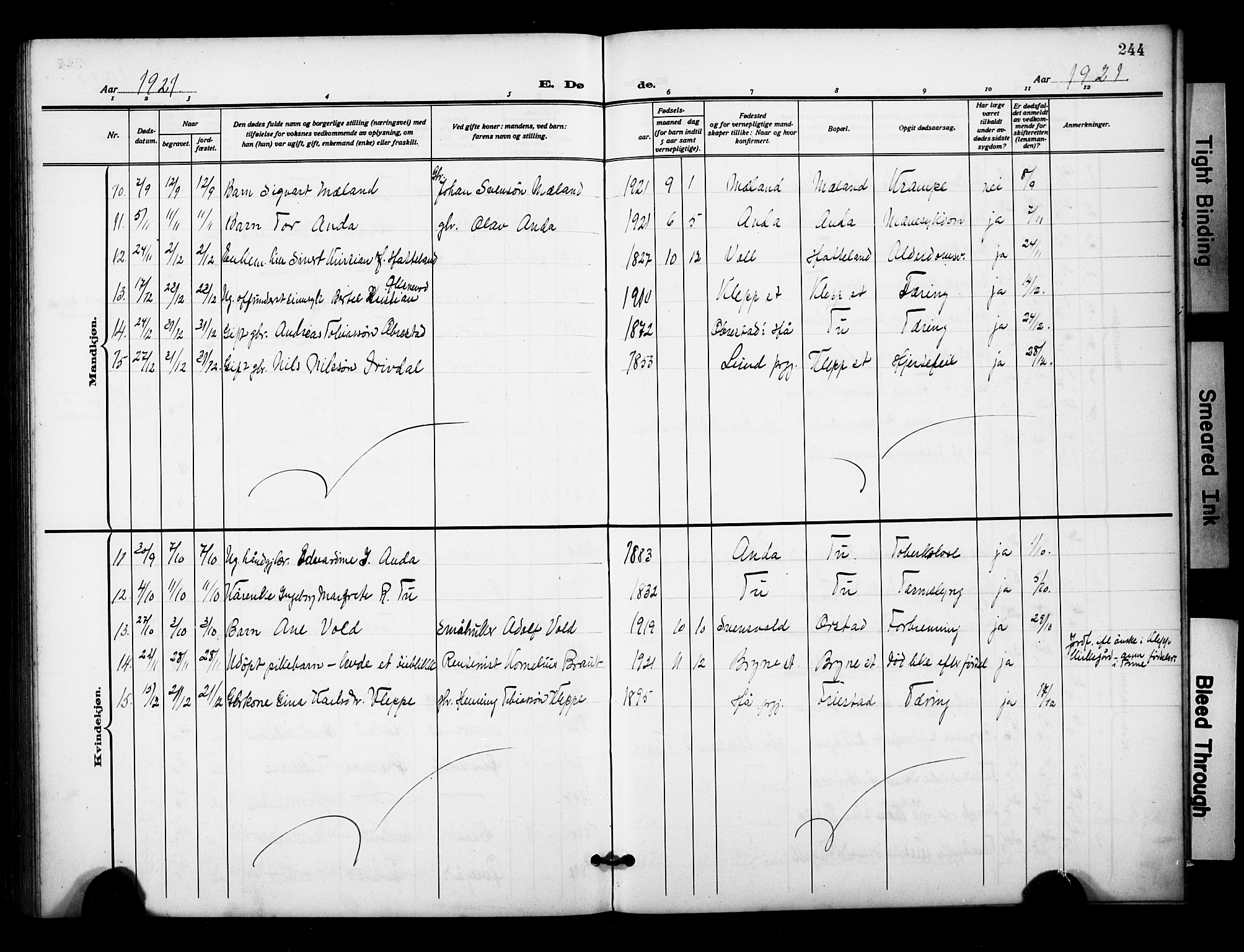 Klepp sokneprestkontor, AV/SAST-A-101803/001/3/30BB/L0007: Parish register (copy) no. B 7, 1908-1934, p. 244