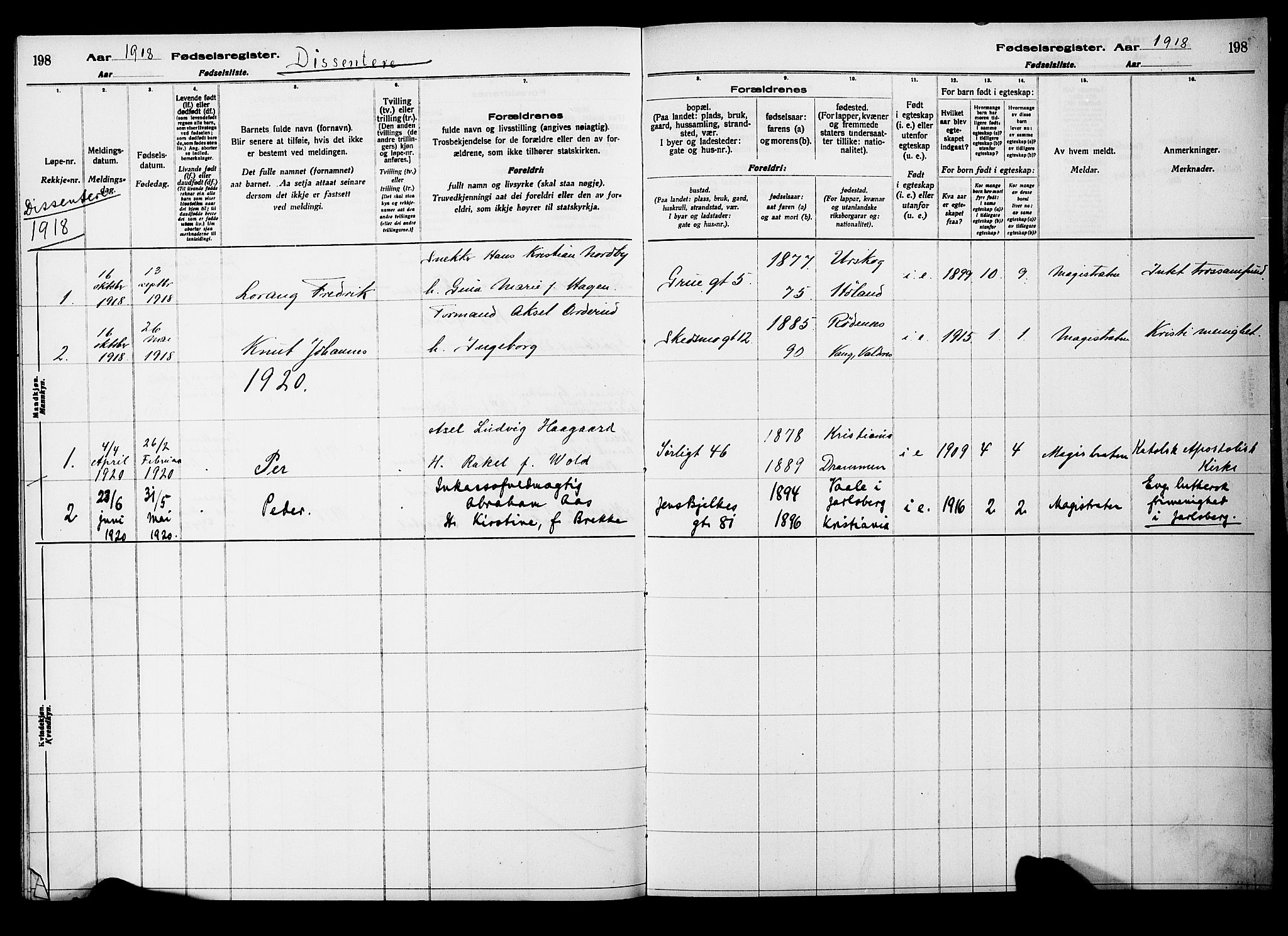 Kampen prestekontor Kirkebøker, SAO/A-10853/J/Ja/L0001: Birth register no. 1, 1916-1920, p. 198