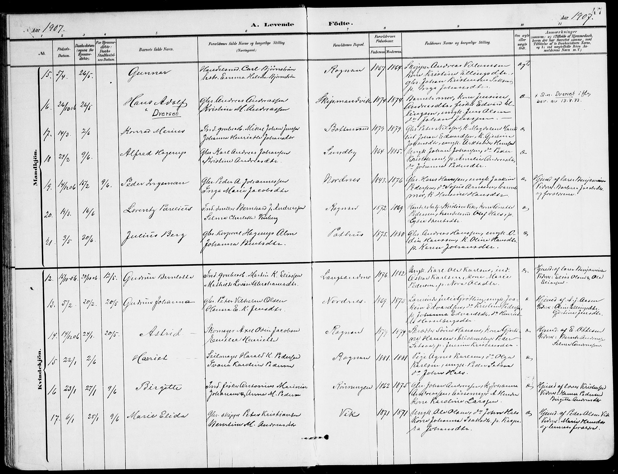 Ministerialprotokoller, klokkerbøker og fødselsregistre - Nordland, SAT/A-1459/847/L0672: Parish register (official) no. 847A12, 1902-1919, p. 47