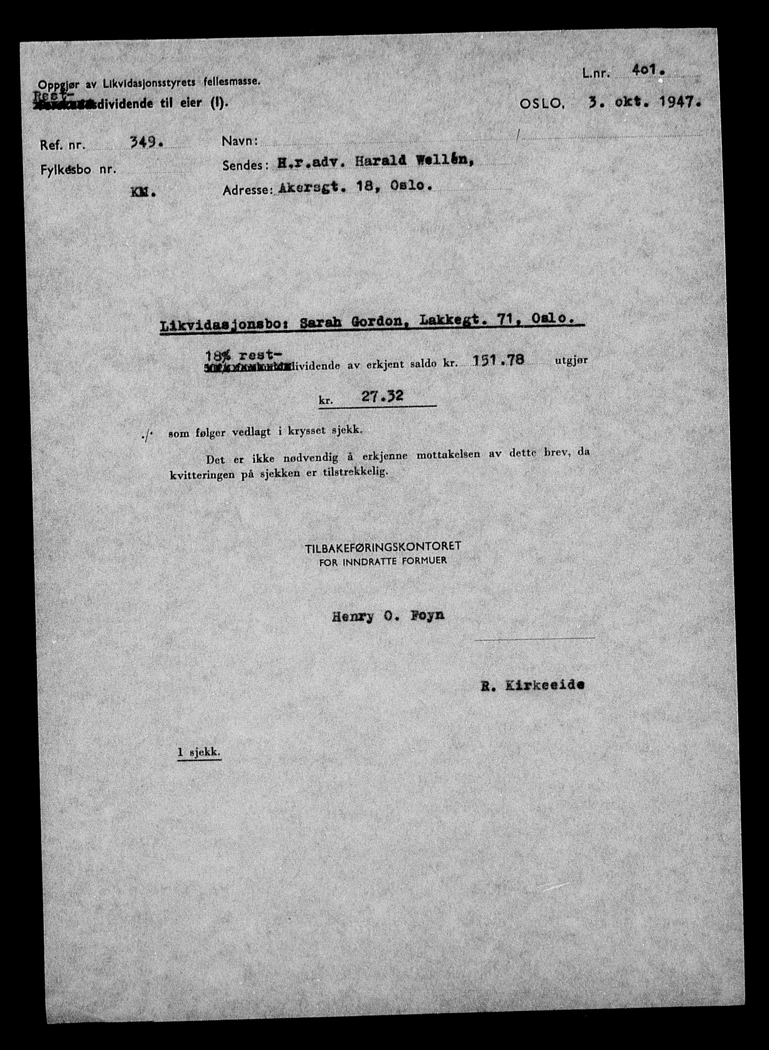 Justisdepartementet, Tilbakeføringskontoret for inndratte formuer, AV/RA-S-1564/H/Hc/Hcc/L0940: --, 1945-1947, p. 168