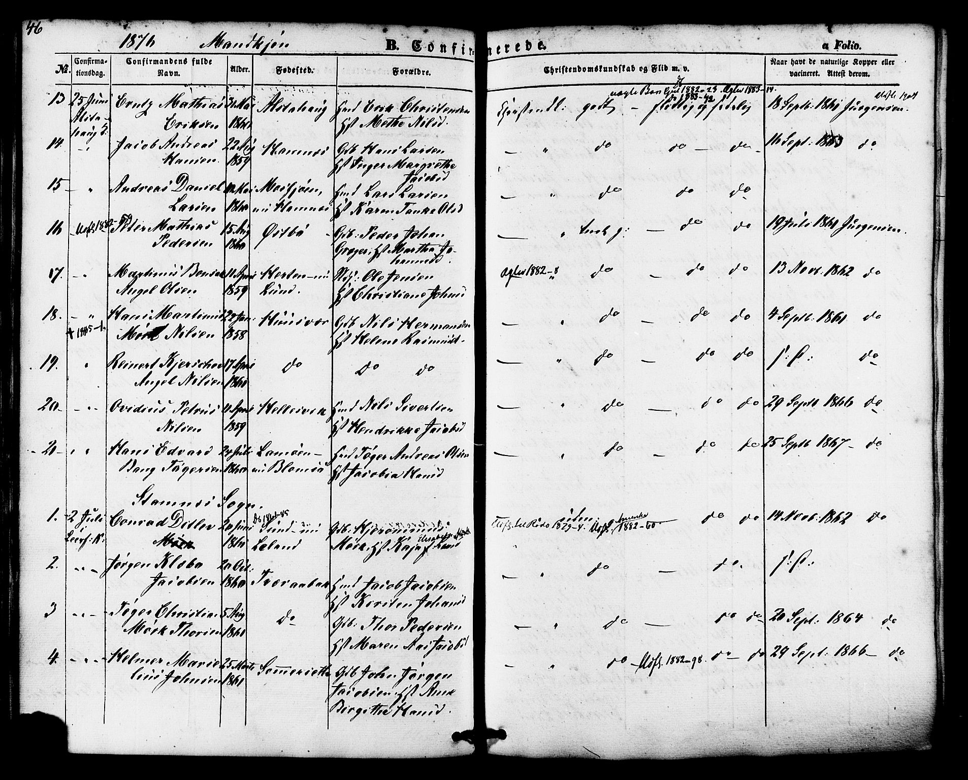 Ministerialprotokoller, klokkerbøker og fødselsregistre - Nordland, AV/SAT-A-1459/830/L0448: Parish register (official) no. 830A12, 1855-1878, p. 46