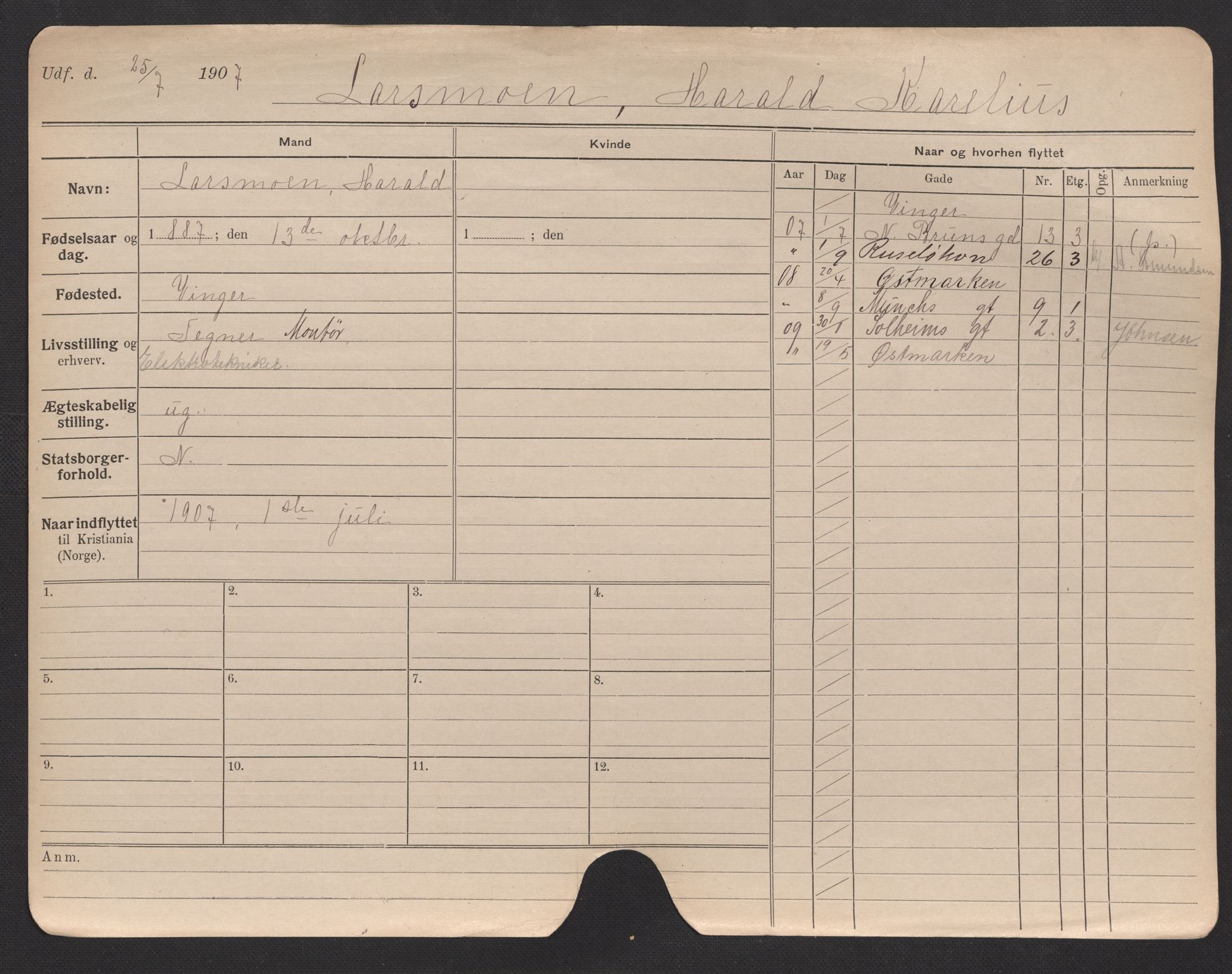 Oslo folkeregister, Registerkort, AV/SAO-A-11715/F/Fa/Fac/L0007: Menn, 1906-1914, p. 5a