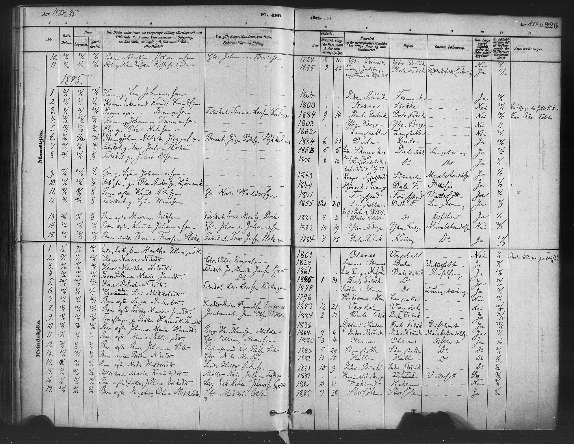 Bruvik Sokneprestembete, SAB/A-74701/H/Haa: Parish register (official) no. B 1, 1878-1904, p. 226