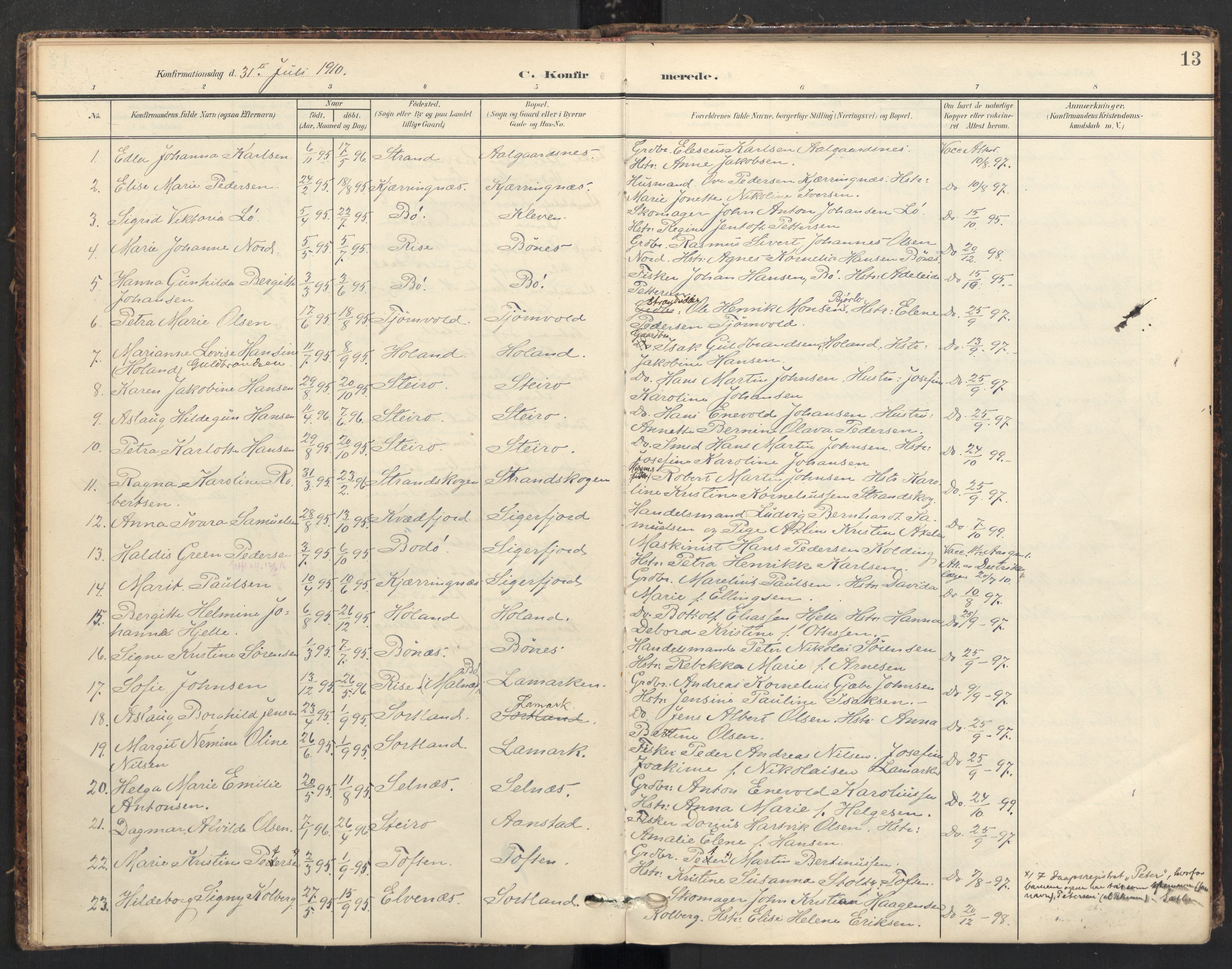 Ministerialprotokoller, klokkerbøker og fødselsregistre - Nordland, AV/SAT-A-1459/895/L1375: Parish register (official) no. 895A10, 1907-1938, p. 13