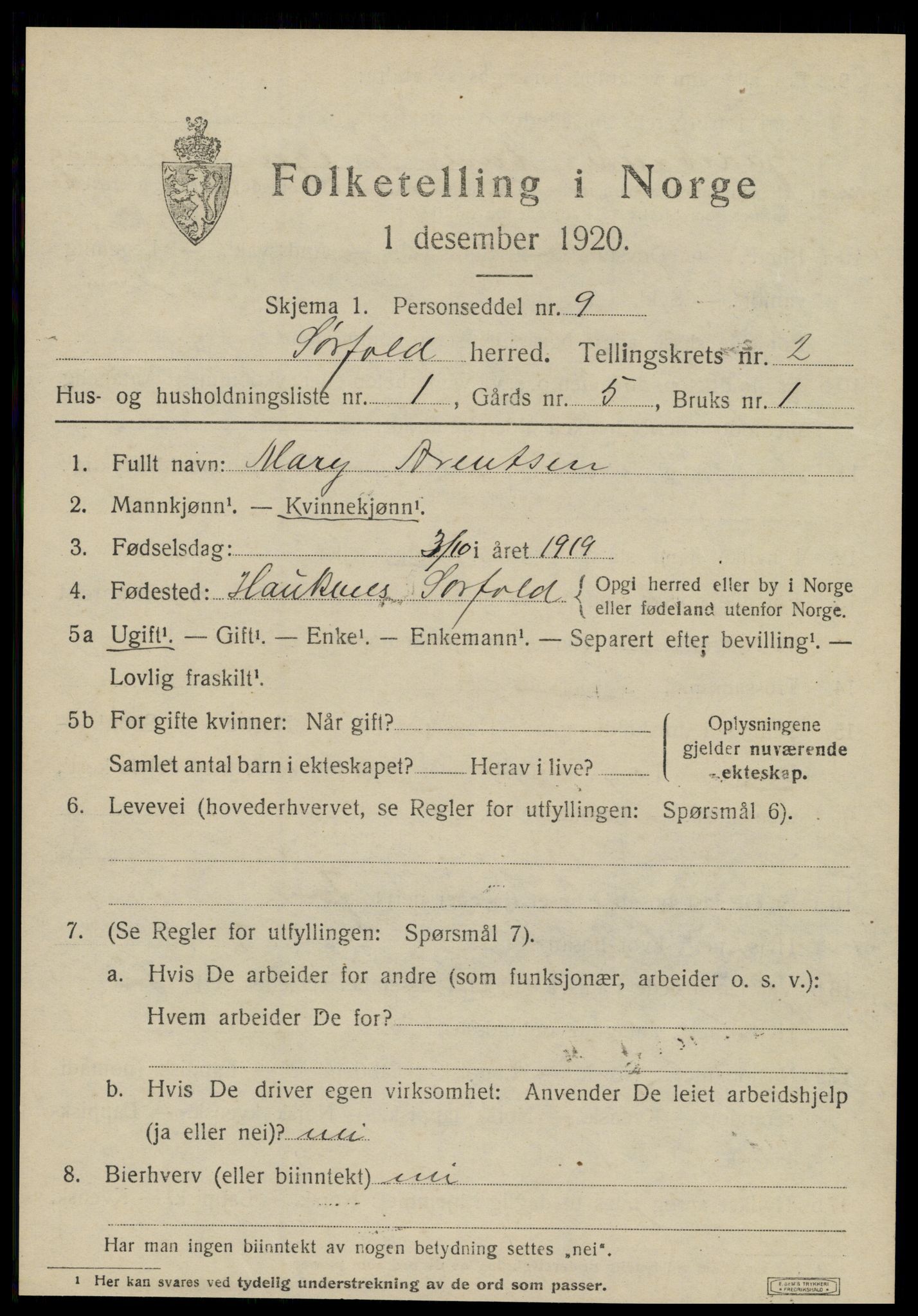 SAT, 1920 census for Sørfold, 1920, p. 1357