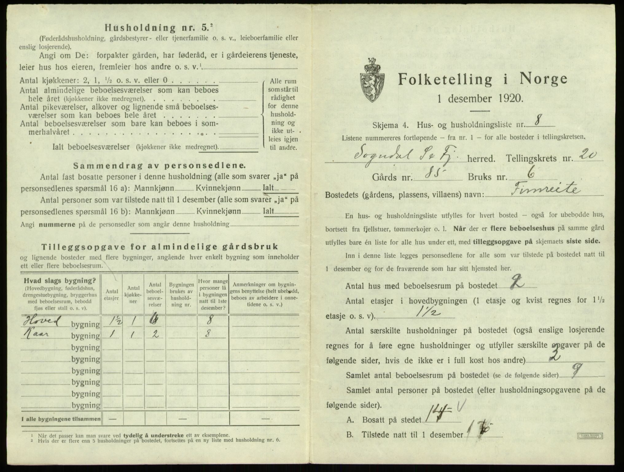 SAB, 1920 census for Sogndal, 1920, p. 1116