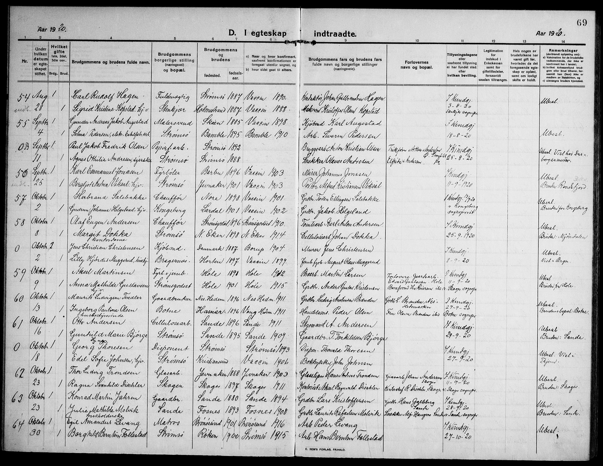 Strømsø kirkebøker, AV/SAKO-A-246/F/Fa/L0027: Parish register (official) no. I 28, 1912-1931, p. 69