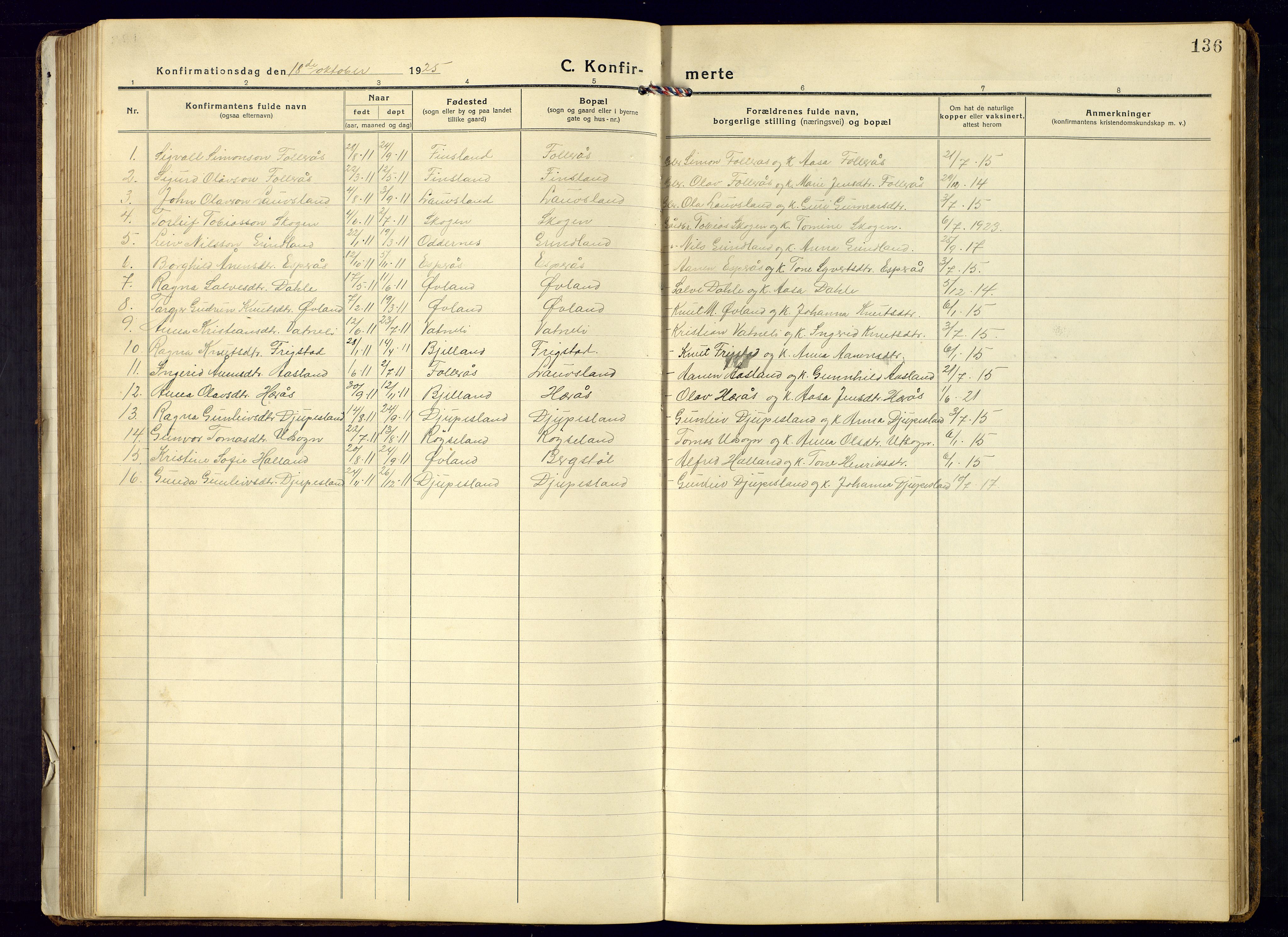 Bjelland sokneprestkontor, AV/SAK-1111-0005/F/Fb/Fbb/L0006: Parish register (copy) no. B-6, 1918-1946, p. 136