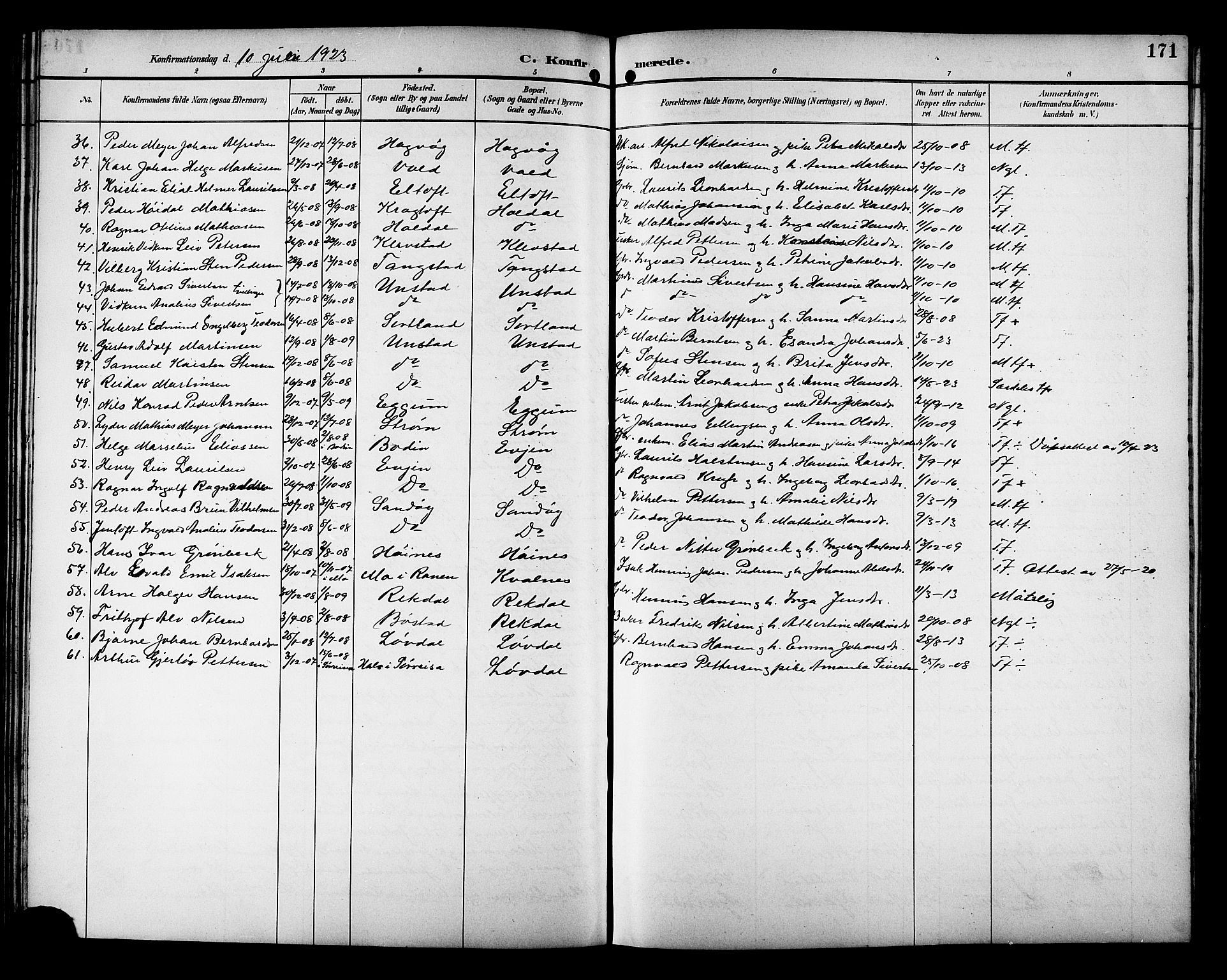 Ministerialprotokoller, klokkerbøker og fødselsregistre - Nordland, AV/SAT-A-1459/880/L1141: Parish register (copy) no. 880C03, 1893-1928, p. 171
